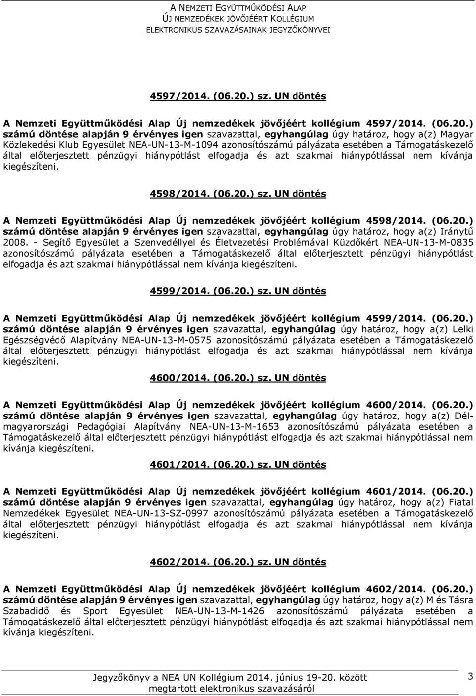 - Segítő Egyesület a Szenvedéllyel és Életvezetési Problémával Küzdőkért NEA-UN-13-M-0835 azonosítószámú pályázata esetében a Támogatáskezelő által előterjesztett pénzügyi hiánypótlást elfogadja és