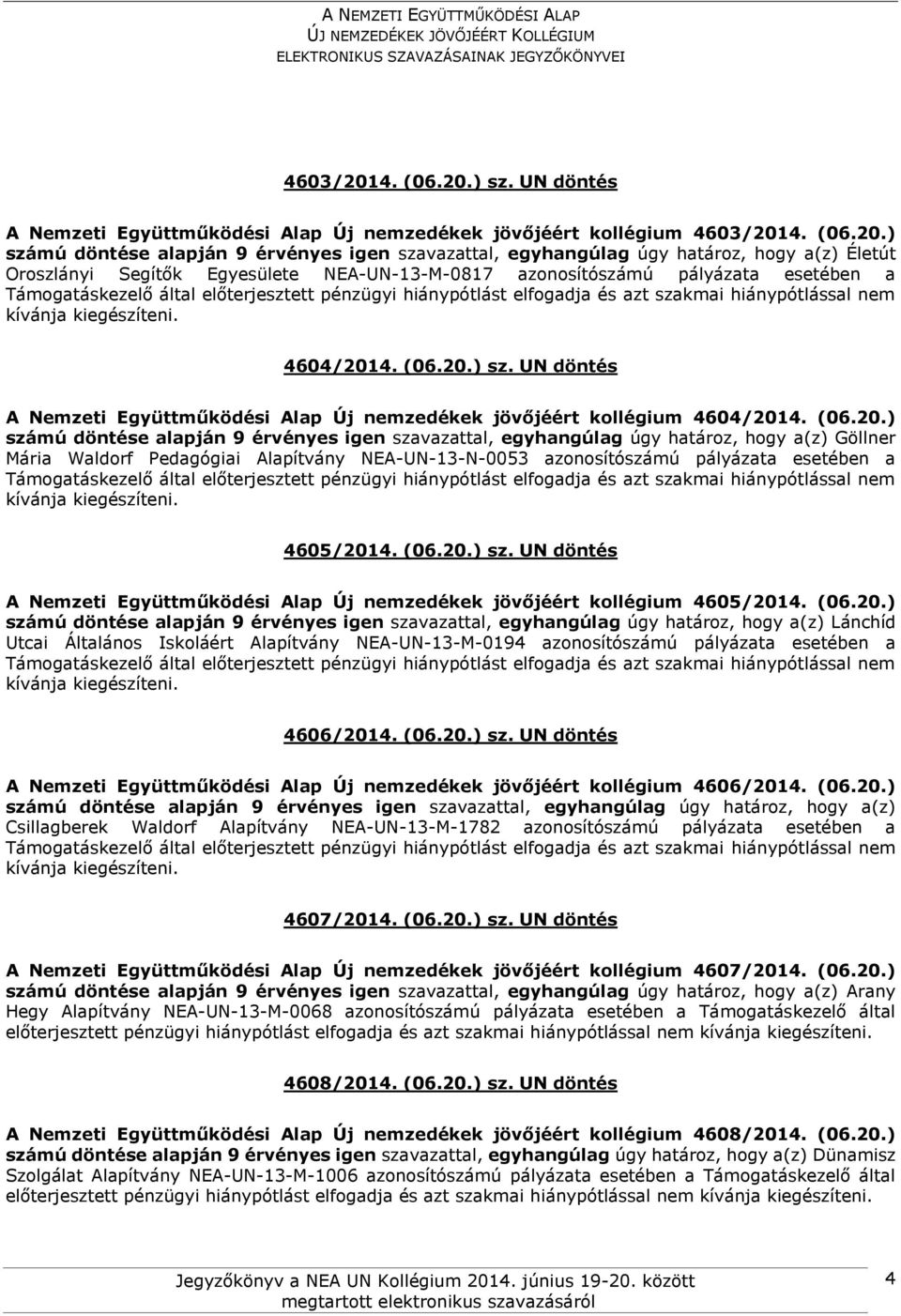 (06.20.) sz. UN döntés A Nemzeti Együttműködési Alap Új nemzedékek jövőjéért kollégium 4605/2014. (06.20.) Lánchíd Utcai Általános Iskoláért Alapítvány NEA-UN-13-M-0194 azonosítószámú pályázata esetében a 4606/2014.