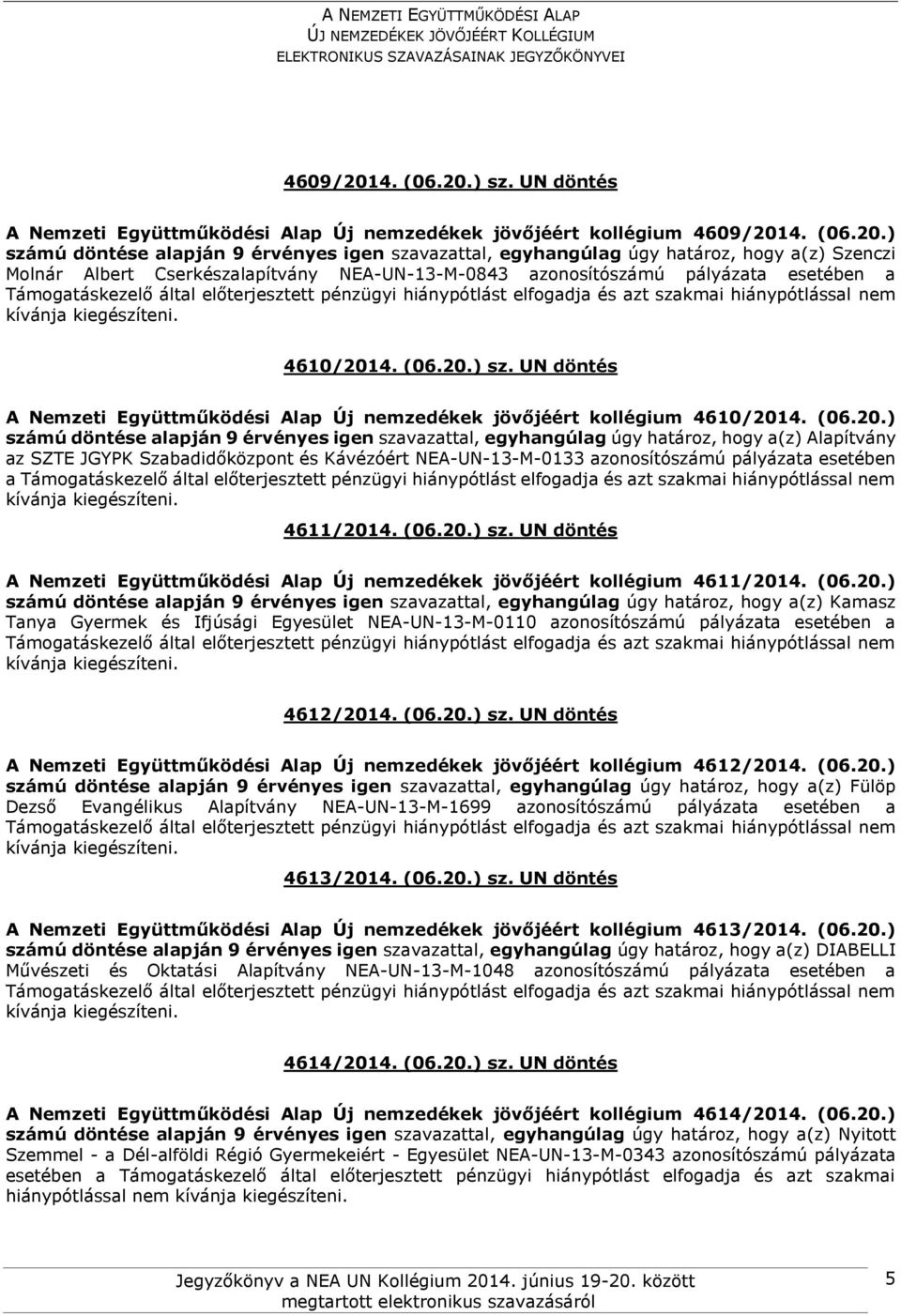 (06.20.) sz. UN döntés A Nemzeti Együttműködési Alap Új nemzedékek jövőjéért kollégium 4611/2014. (06.20.) Kamasz Tanya Gyermek és Ifjúsági Egyesület NEA-UN-13-M-0110 azonosítószámú pályázata esetében a 4612/2014.