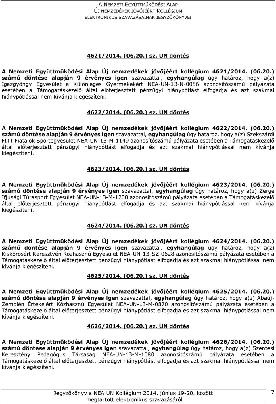 ) sz. UN döntés A Nemzeti Együttműködési Alap Új nemzedékek jövőjéért kollégium ) Igazgyöngy Egyesület a Különleges Gyermekekért NEA-UN-13-N-0056 azonosítószámú pályázata esetében a Támogatáskezelő