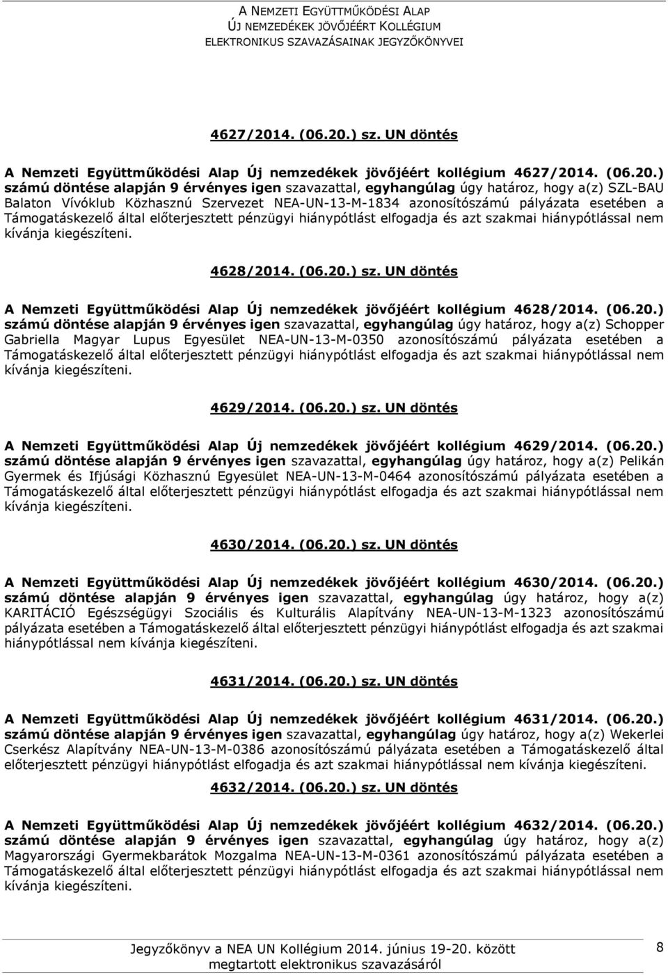 (06.20.) sz. UN döntés A Nemzeti Együttműködési Alap Új nemzedékek jövőjéért kollégium 4629/2014. (06.20.) Pelikán Gyermek és Ifjúsági Közhasznú Egyesület NEA-UN-13-M-0464 azonosítószámú pályázata esetében a 4630/2014.