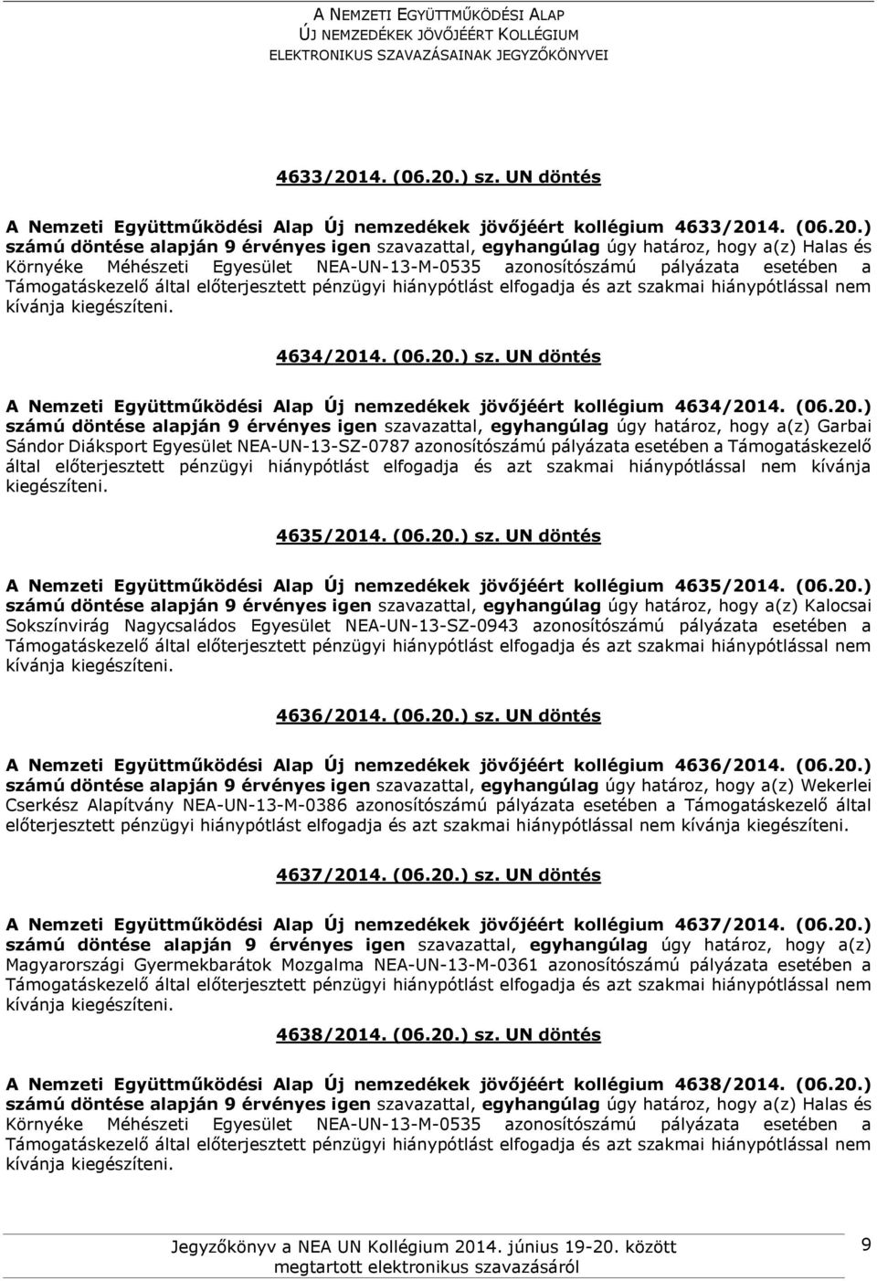 (06.20.) sz. UN döntés A Nemzeti Együttműködési Alap Új nemzedékek jövőjéért kollégium 4635/2014. (06.20.) Kalocsai Sokszínvirág Nagycsaládos Egyesület NEA-UN-13-SZ-0943 azonosítószámú pályázata esetében a 4636/2014.