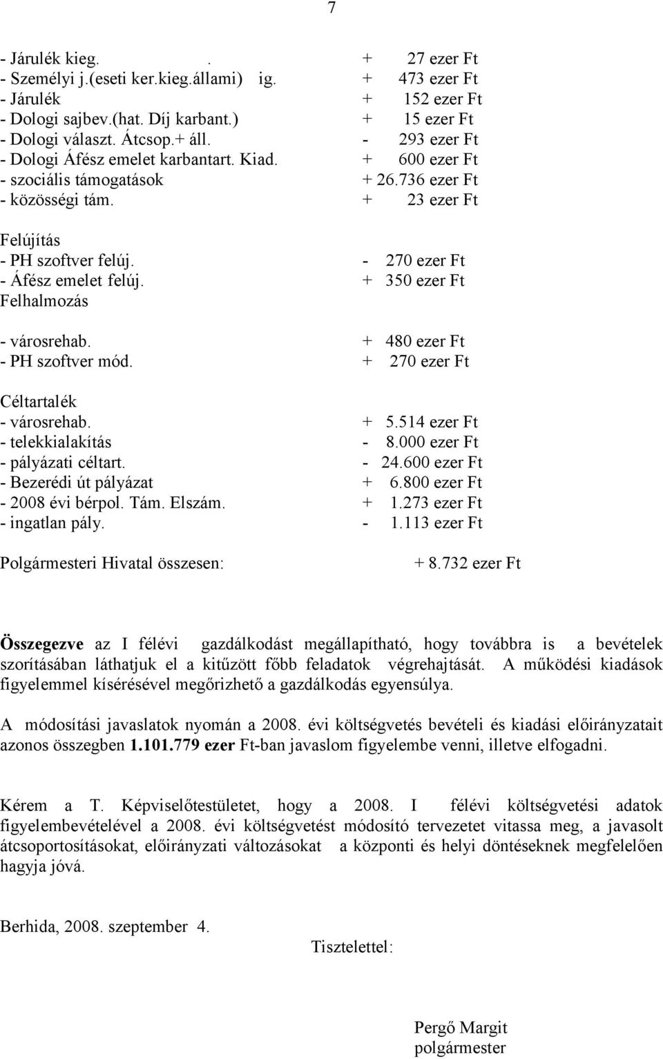 - 270 ezer Ft - Áfész emelet felúj. + 350 ezer Ft Felhalmozás - városrehab. + 480 ezer Ft - PH szoftver mód. + 270 ezer Ft Céltartalék - városrehab. + 5.514 ezer Ft - telekkialakítás - 8.