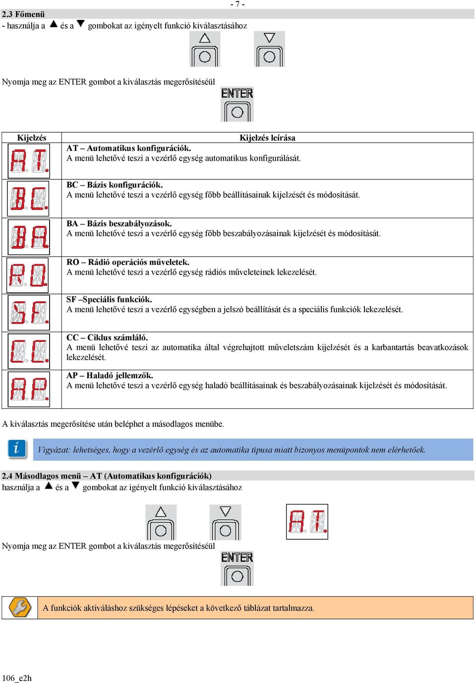 BA Bázis beszabályozások. A menü lehetővé teszi a vezérlő egység főbb beszabályozásainak kijelzését és módosítását. RO Rádió operációs műveletek.