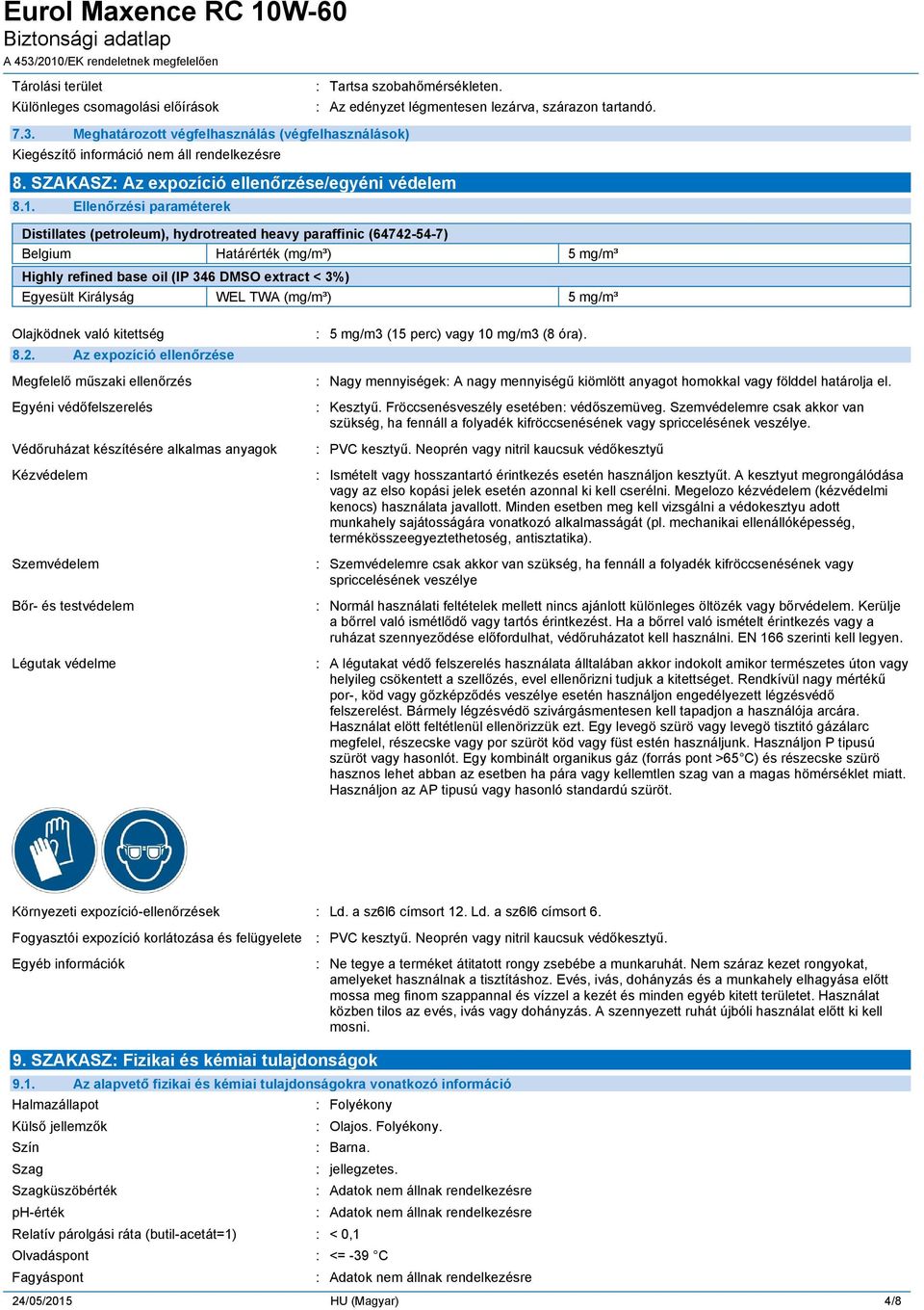 Ellenőrzési paraméterek Distillates (petroleum), hydrotreated heavy paraffinic (64742-54-7) Belgium Határérték (mg/m³) 5 mg/m³ Highly refined base oil (IP 346 DMSO extract < 3%) Egyesült Királyság