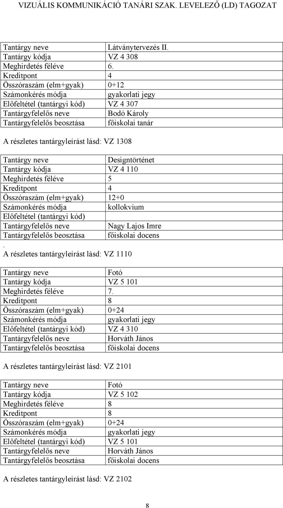 Designtörténet Tantárgy kódja VZ 4 110. A részletes tantárgyleírást lásd: VZ 1110 Fotó Tantárgy kódja VZ 5 101 Meghirdetés féléve 7.