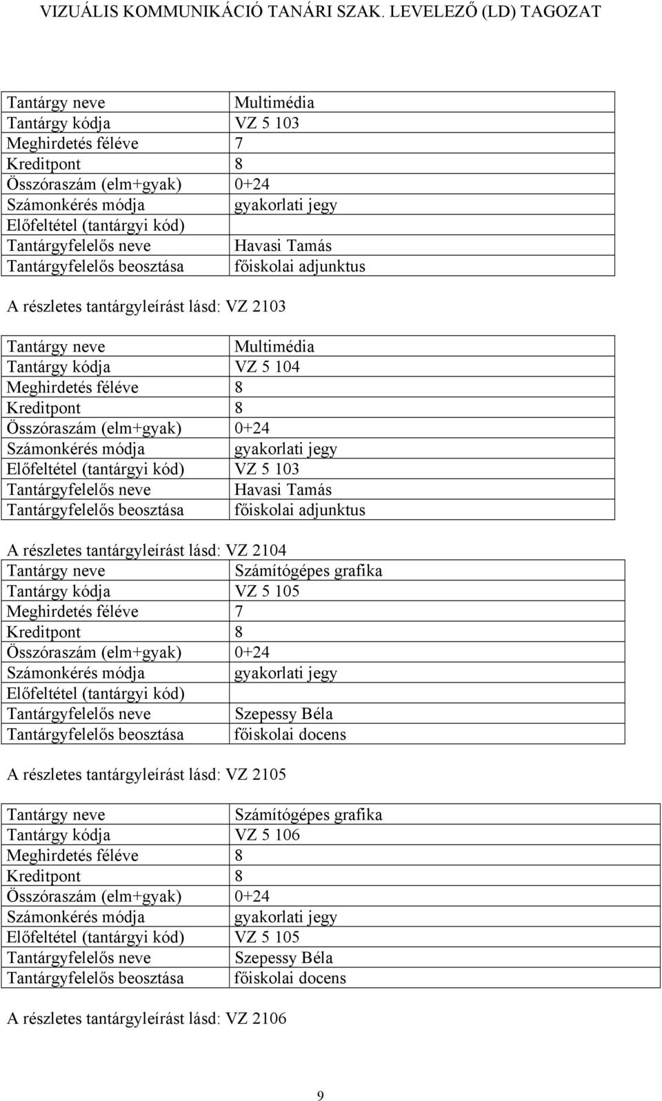 beosztása főiskolai adjunktus A részletes tantárgyleírást lásd: VZ 2104 Számítógépes grafika Tantárgy kódja VZ 5 105 Meghirdetés féléve 7 A