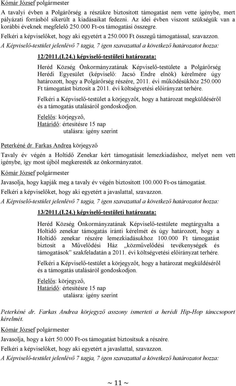 24.) képviselő-testületi határozata: Heréd Község Önkormányzatának Képviselő-testülete a Polgárőrség Herédi Egyesület (képviselő: Jacsó Endre elnök) kérelmére úgy határozott, hogy a Polgárőrség