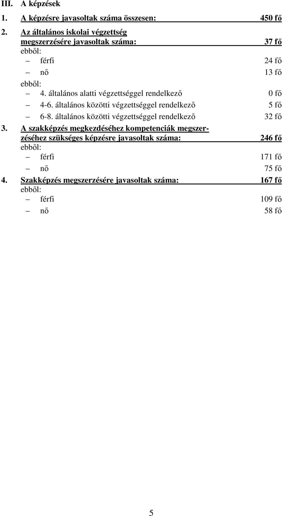 általános alatti végzettséggel rendelkezı 0 fı 4-6. általános közötti végzettséggel rendelkezı 5 fı 6-8.
