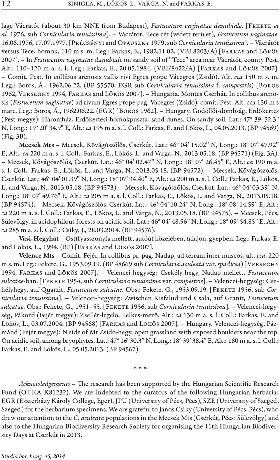 , 1982.11.02. (VBI 8203/A) [Farkas and Lőkös 2007]. In Festucetum vaginatae danubiale on sandy soil of Tece area near Vácrátót, county Pest. Alt.: 110 120 m a. s. l. Leg.: Farkas, E., 20.05.1984.