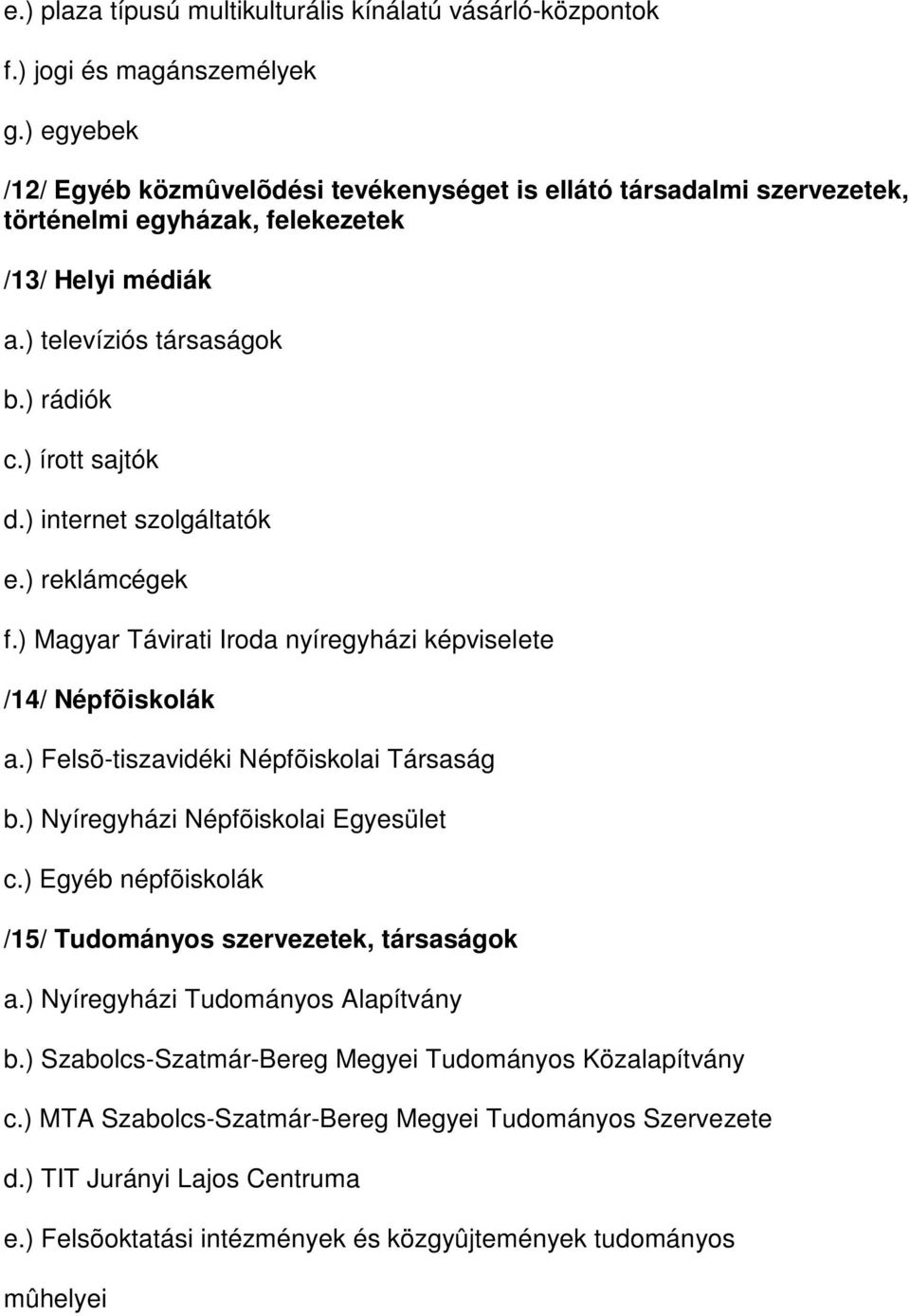 ) internet szolgáltatók e.) reklámcégek f.) Magyar Távirati Iroda nyíregyházi képviselete /14/ Népfõiskolák a.) Felsõ-tiszavidéki Népfõiskolai Társaság b.) Nyíregyházi Népfõiskolai Egyesület c.