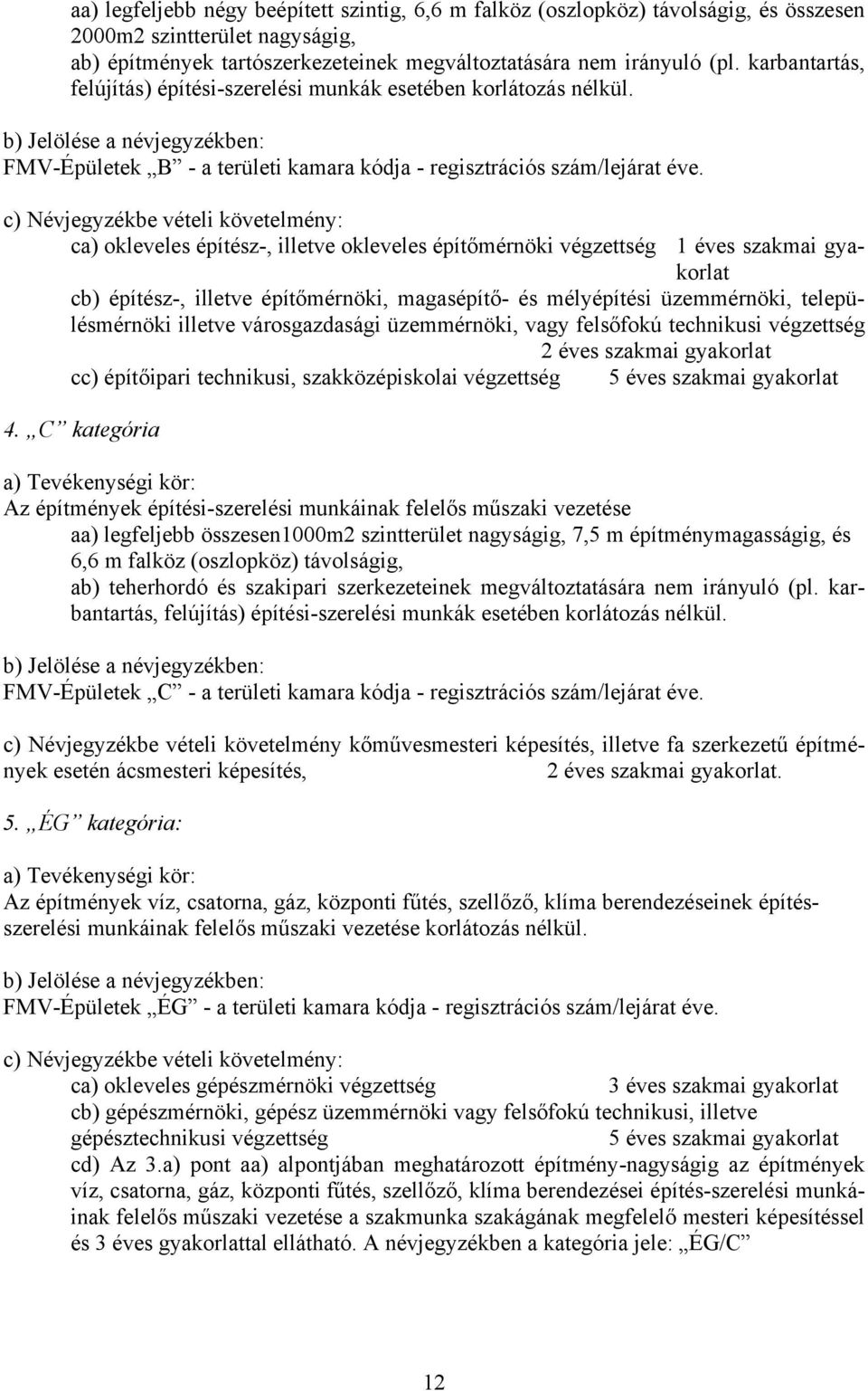 c) Névjegyzékbe vételi követelmény: ca) okleveles építész-, illetve okleveles építőmérnöki végzettség 1 éves szakmai gyakorlat cb) építész-, illetve építőmérnöki, magasépítő- és mélyépítési