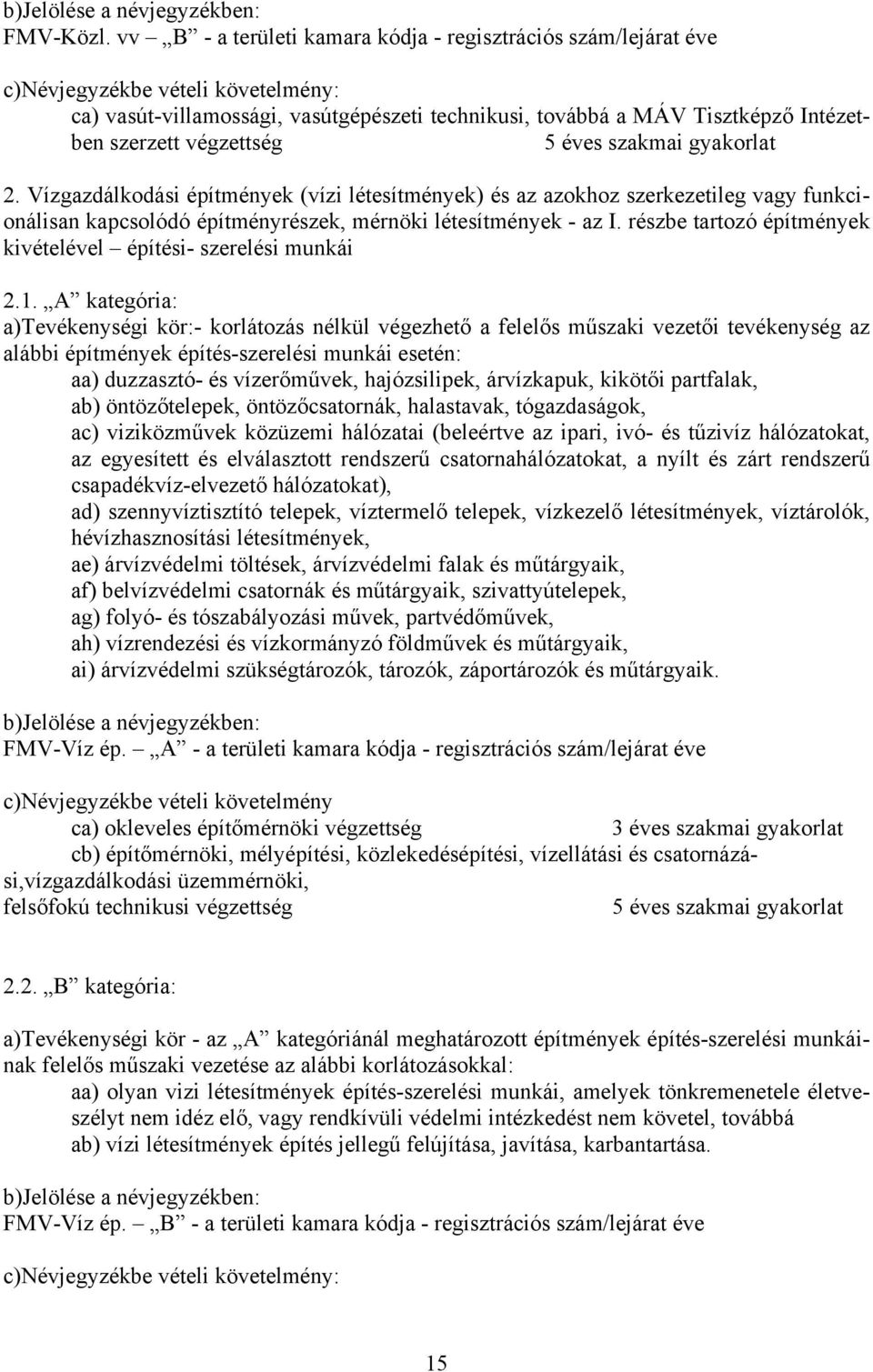 végzettség 5 éves szakmai gyakorlat 2. Vízgazdálkodási építmények (vízi létesítmények) és az azokhoz szerkezetileg vagy funkcionálisan kapcsolódó építményrészek, mérnöki létesítmények - az I.