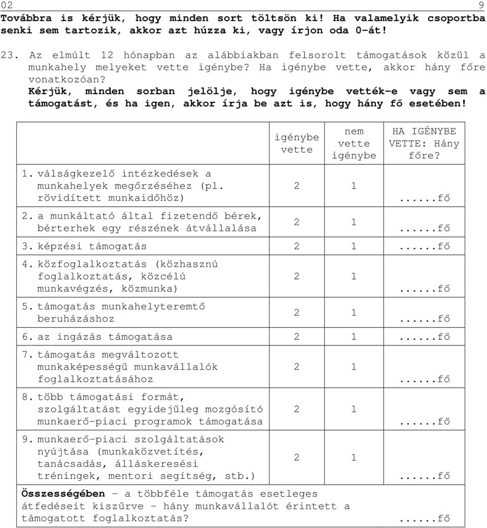 Kérjük, minden sorban jelölje, hogy igénybe vették-e vagy sem a támogatást, és ha igen, akkor írja be azt is, hogy hány fő esetében! 1. válságkezelő intézkedések a munkahelyek megőrzéséhez (pl.