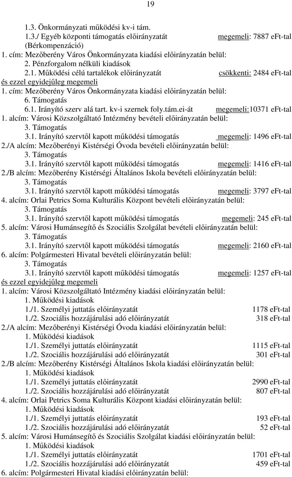 /A alcím: Mezıberényi Kistérségi Óvoda bevételi elıirányzatán belül: 3. Támogatás 3.1. Irányító szervtıl kapott mőködési támogatás megemeli: 1416 eft-tal 2.