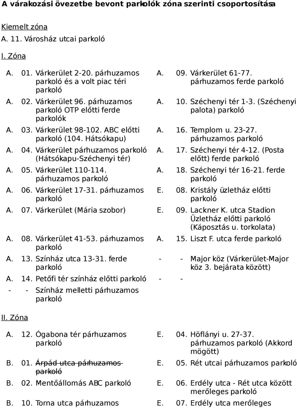 Várkerület 17-31. párhuzamos A. 09. Várkerület 61-77. párhuzamos ferde A. 10. Széchenyi tér 1-3. (Széchenyi palota) A. 16. Templom u. 23-27. párhuzamos A. 17. Széchenyi tér 4-12.