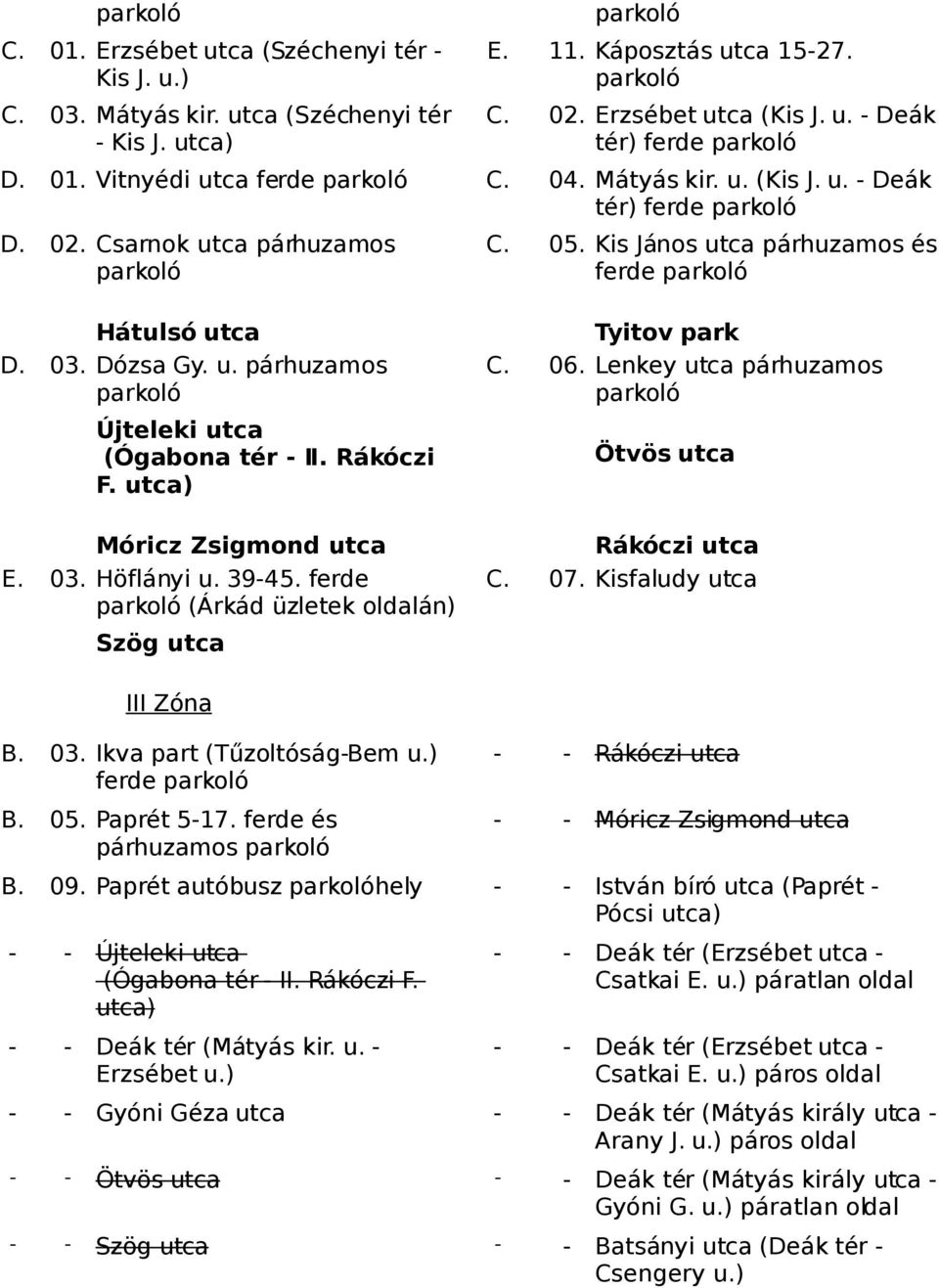 Rákóczi F. utca) Móricz Zsigmond utca E. 03. Höflányi u. 39-45. ferde (Árkád üzletek oldalán) Szög utca Tyitov park C. 06. Lenkey utca párhuzamos Ötvös utca Rákóczi utca C. 07.