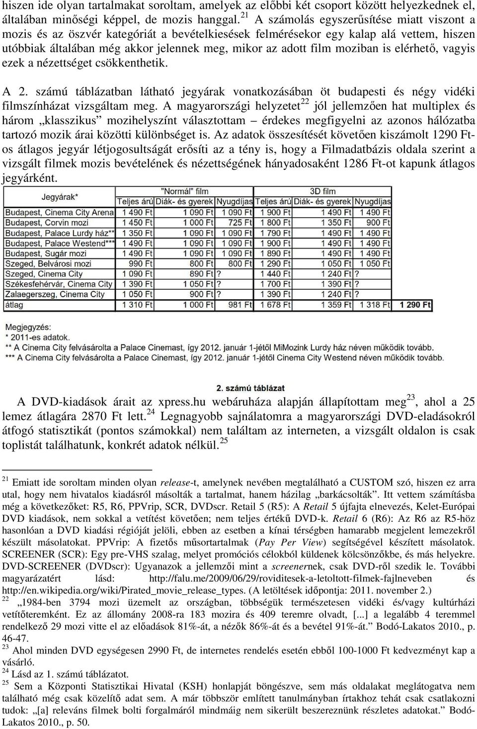 moziban is elérhető, vagyis ezek a nézettséget csökkenthetik. A 2. számú táblázatban látható jegyárak vonatkozásában öt budapesti és négy vidéki filmszínházat vizsgáltam meg.