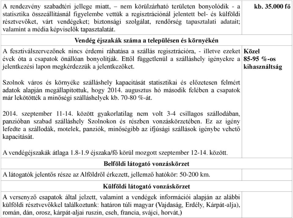 Vendég éjszakák száma a településen és környékén A fesztiválszervezőnek nincs érdemi ráhatása a szállás regisztrációra, - illetve ezeket évek óta a csapatok önállóan bonyolítják.