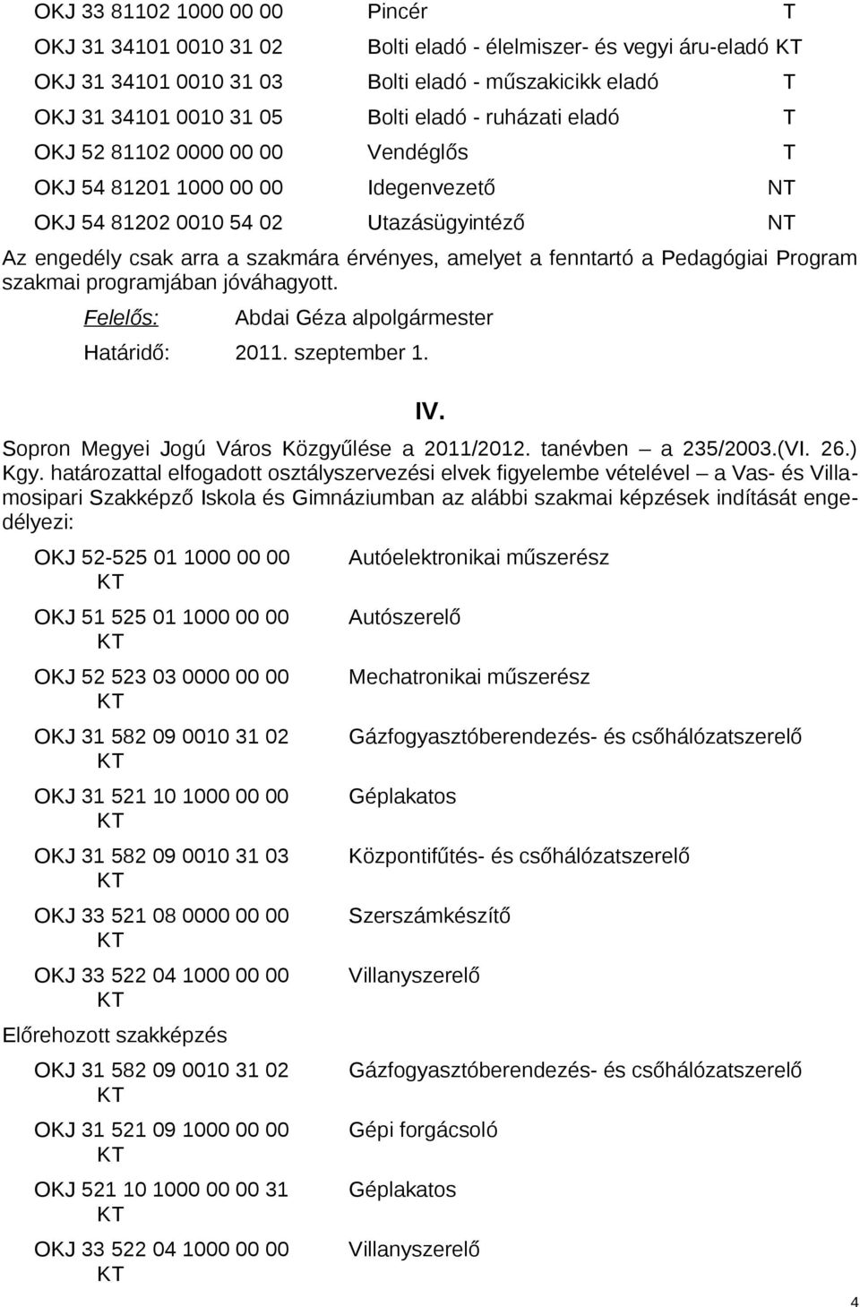 a Pedagógiai Program szakmai programjában jóváhagyott. IV. Kgy.