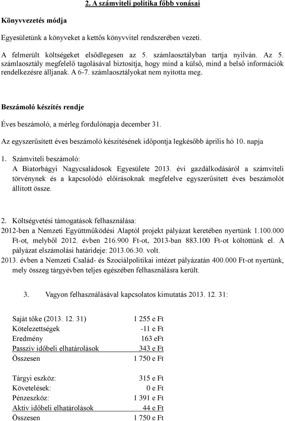 Beszámoló készítés rendje Éves beszámoló, a mérleg fordulónapja december 31. Az egyszerűsített éves beszámoló készítésének időpontja legkésőbb április hó 10. napja 1.