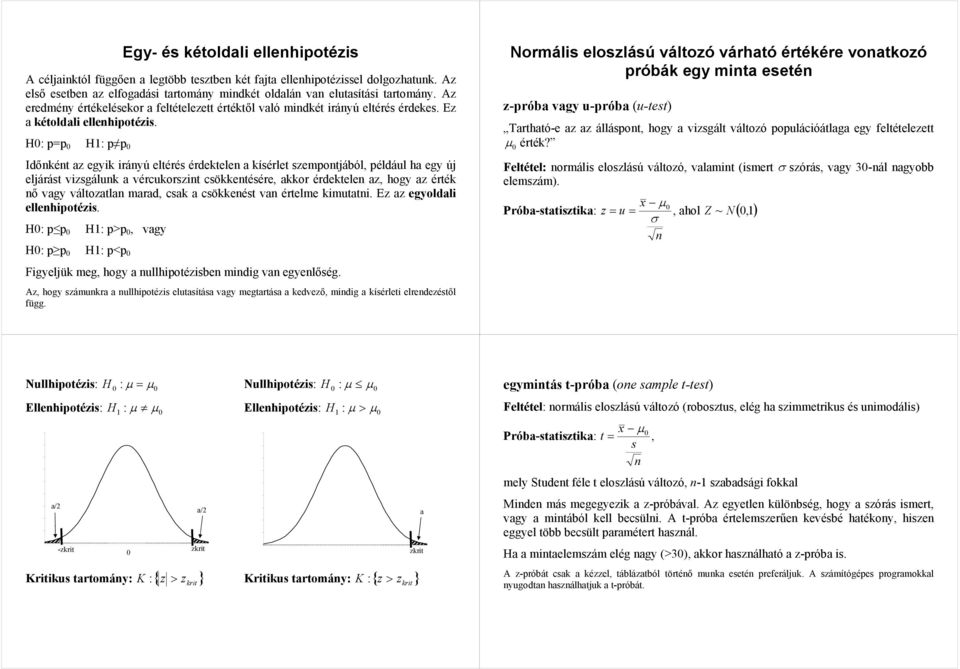 H: p=p H: p p Időkét az egyik iráyú eltérés érdektele a kísérlet szempotjából, például ha egy új eljárást vizsgáluk a vércukorszit csökketésére, akkor érdektele az, hogy az érték ő vagy változatla