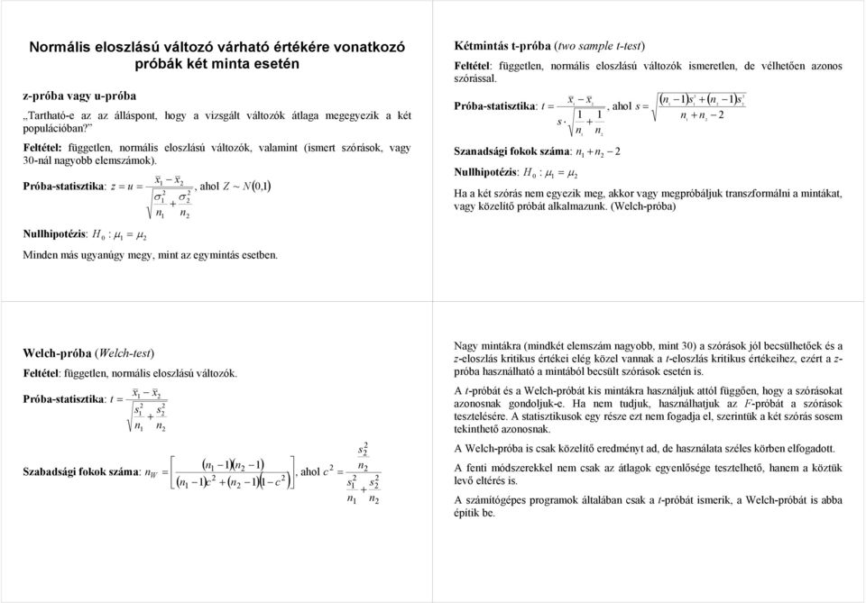 Próba-statisztika: z Nullhipotézis: H : µ = µ x x = u =, ahol Z ~ N(,) σ σ + Mide más ugyaúgy megy, mit az egymitás esetbe.