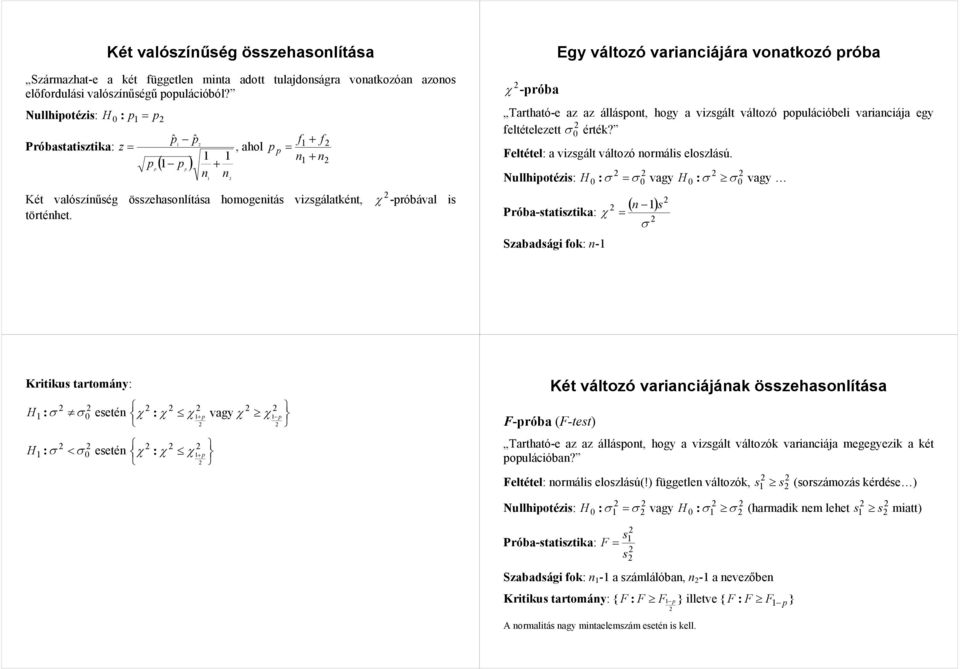 χ -próbával is χ -próba Egy változó variaciájára voatkozó próba Tartható-e az az álláspot, hogy a vizsgált változó populációbeli variaciája egy eltételezett σ érték?