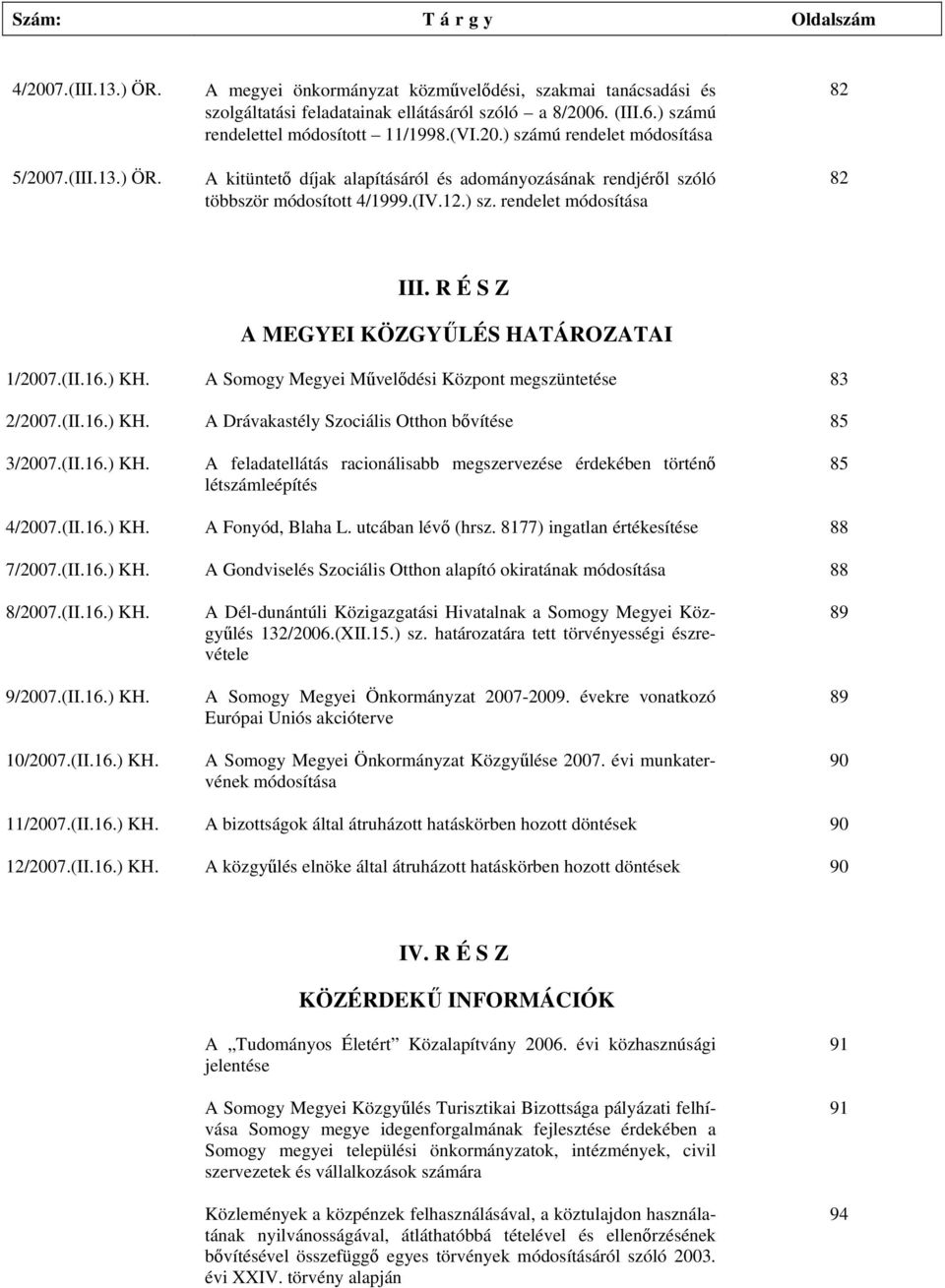 R É S Z A MEGYEI KÖZGYŰLÉS HATÁROZATAI 1/2007.(II.16.) KH. A Somogy Megyei Művelődési Központ megszüntetése 83 2/2007.(II.16.) KH. A Drávakastély Szociális Otthon bővítése 85 3/2007.(II.16.) KH. A feladatellátás racionálisabb megszervezése érdekében történő létszámleépítés 85 4/2007.
