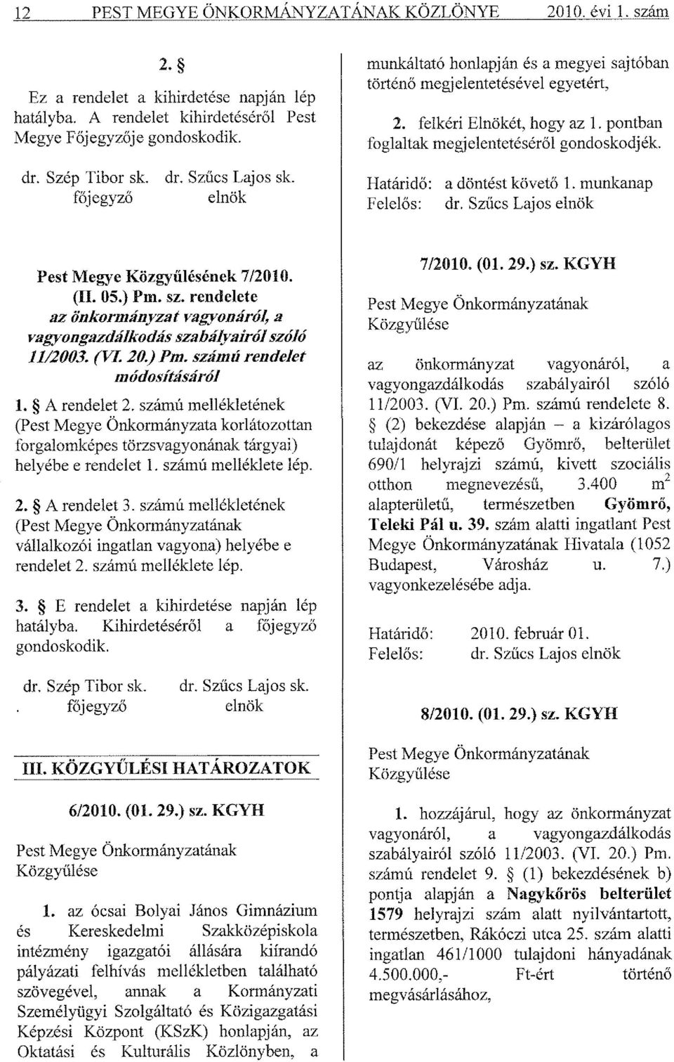 Határidő: a döntést követő 1. munkanap Felelős: dr. Szűcs Lajos elnök Pest Megye Közgyűlésének 7/2010. (II. 05.) Pm. sz.