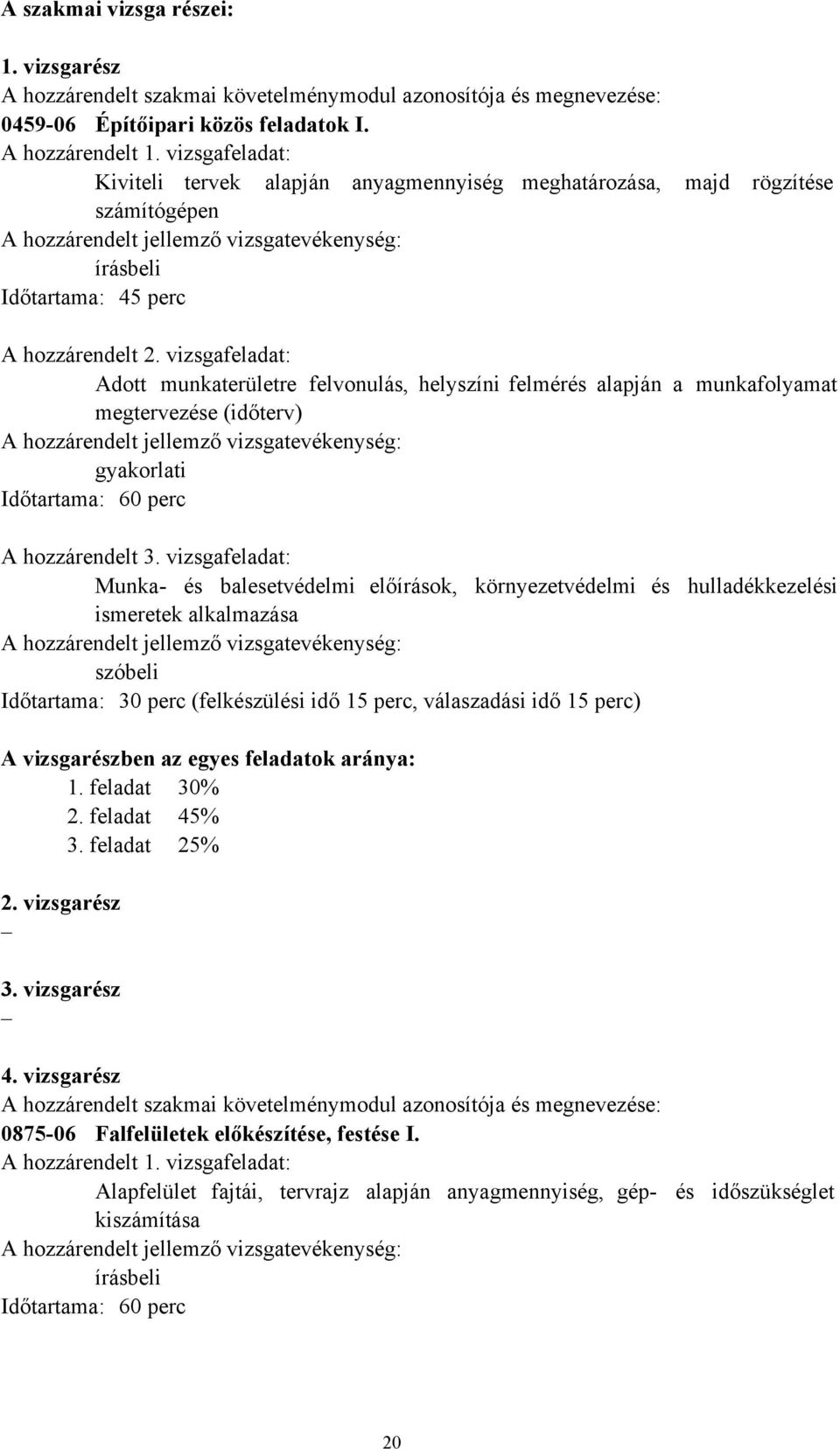 vizsgafeladat: Adott munkaterületre felvonulás, helyszíni felmérés alapján a munkafolyamat megtervezése (időterv) A hozzárendelt jellemző vizsgatevékenység: gyakorlati Időtartama: 60 perc A