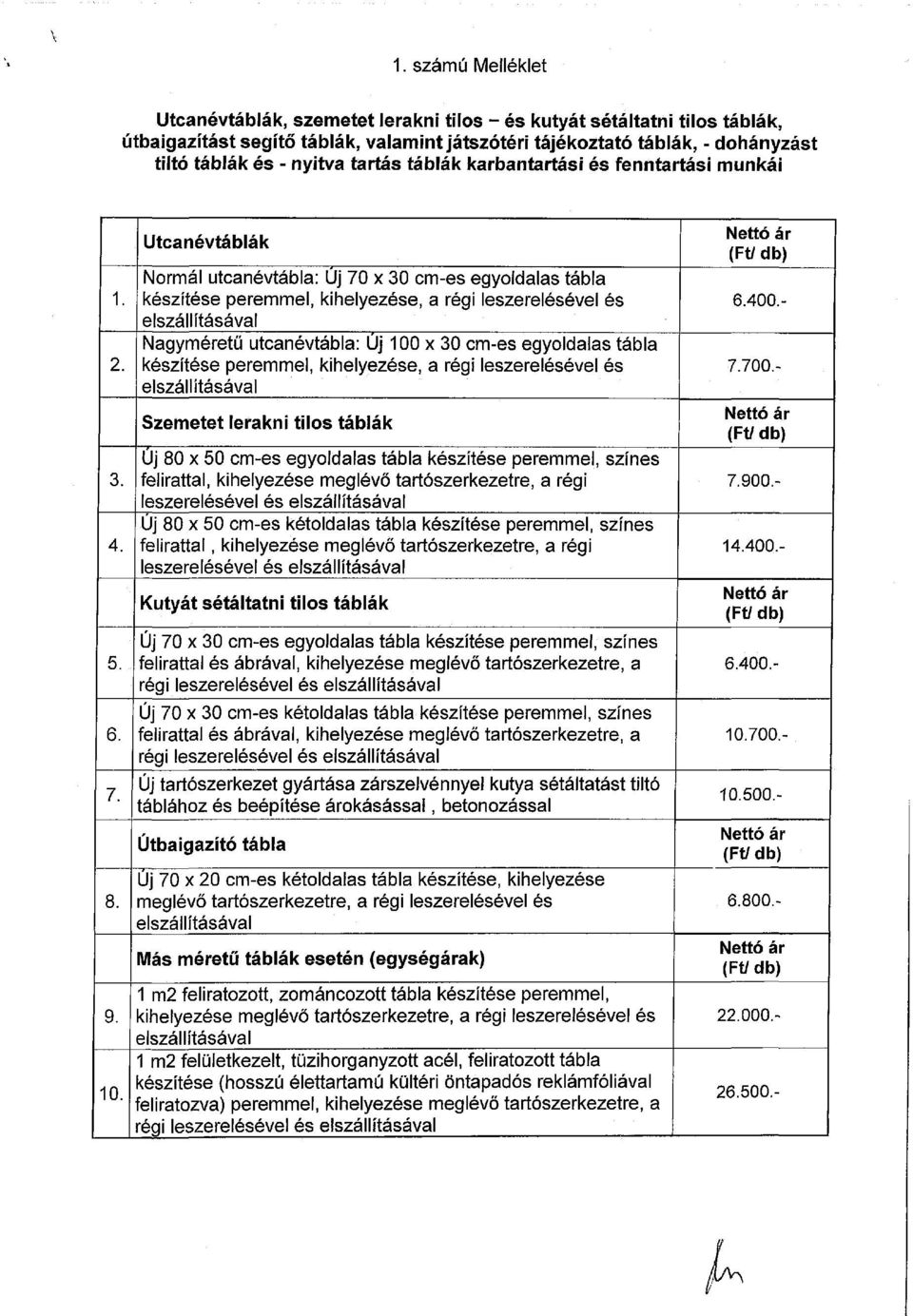 Utcanévtáblák Normál utcanévtábla: Új 70 x 30 cmes egyoldalas tábla készítése peremmel, kihelyezése, a régi leszerelésével és elszállításával Nagyméretű utcanévtábla: Uj 100 x 30 cmes egyoldalas