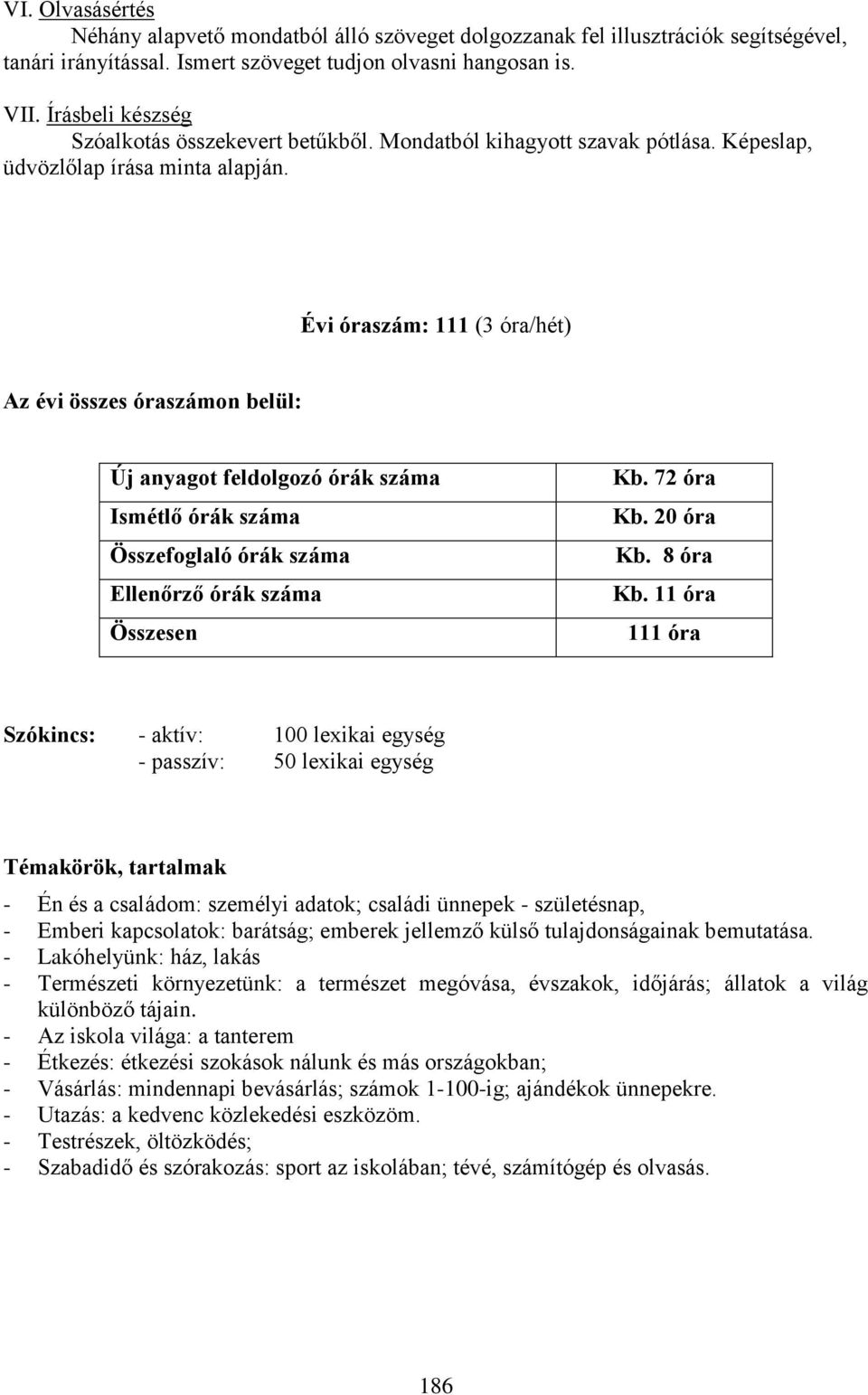 Évi óraszám: 111 (3 óra/hét) Az évi összes óraszámon belül: Új anyagot feldolgozó órák száma Ismétlő órák száma Összefoglaló órák száma Ellenőrző órák száma Összesen Kb. 72 óra Kb. 20 óra Kb.