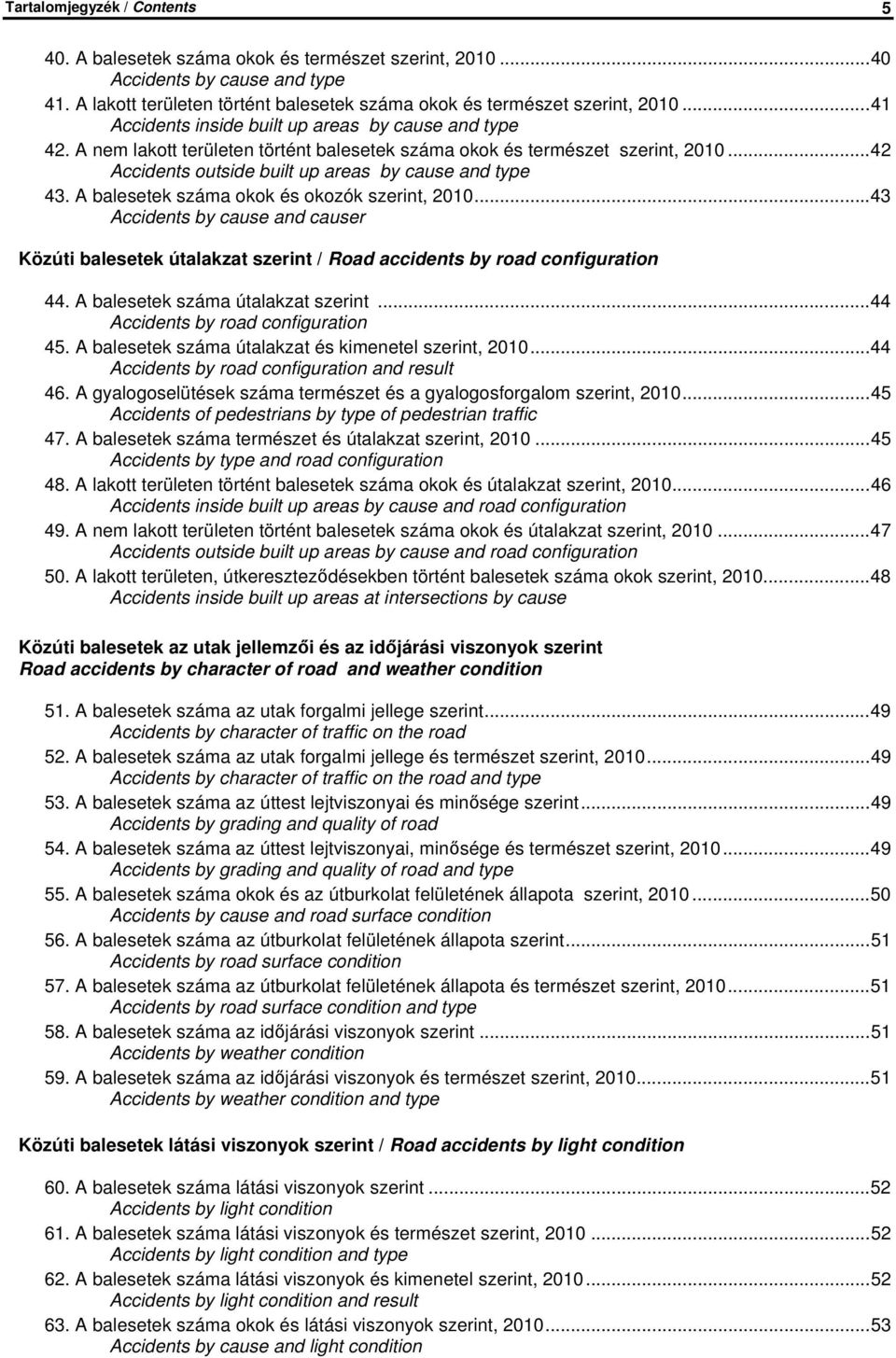 A balesetek száma okok és okozók szerint, 2010...43 Accidents by cause and causer Közúti balesetek útalakzat szerint / Road accidents by road configuration 44. A balesetek száma útalakzat szerint.