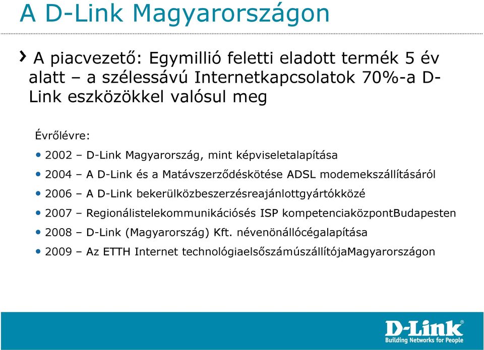 modemekszállításáról 2006 A D-Link bekerülközbeszerzésreajánlottgyártókközé 2007 Regionálistelekommunikációsés ISP