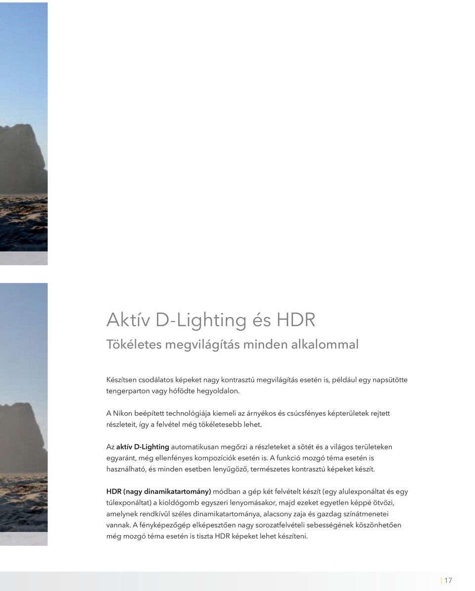 Az aktív D-Lighting automatikusan megőrzi a részleteket a sötét és a világos területeken egyaránt, még ellenfényes kompozíciók esetén is.