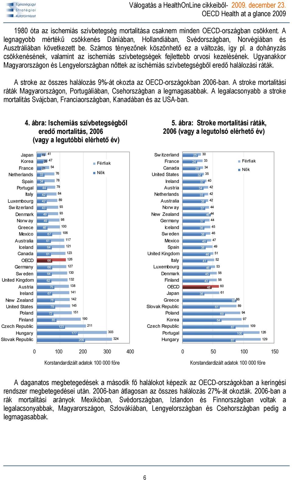 Ugyanakkor Magyarországon és Lengyelországban nőttek az ischémiás szívbetegségből eredő halálozási ráták. A stroke az összes halálozás 9%-át okozta az -országokban 2006-ban.