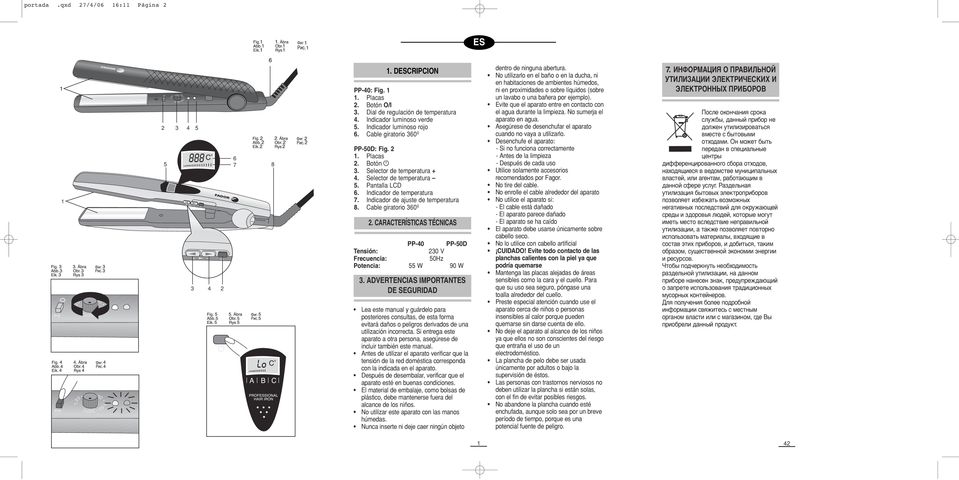 Indicador de temperatura 7. Indicador de ajuste de temperatura 8. Cable giratorio 360º 2. CARACTERÍSTICAS TÉCNICAS PP-40 PP-50D Tensión: 230 V Frecuencia: 50Hz Potencia: 55 W 90 W 3.