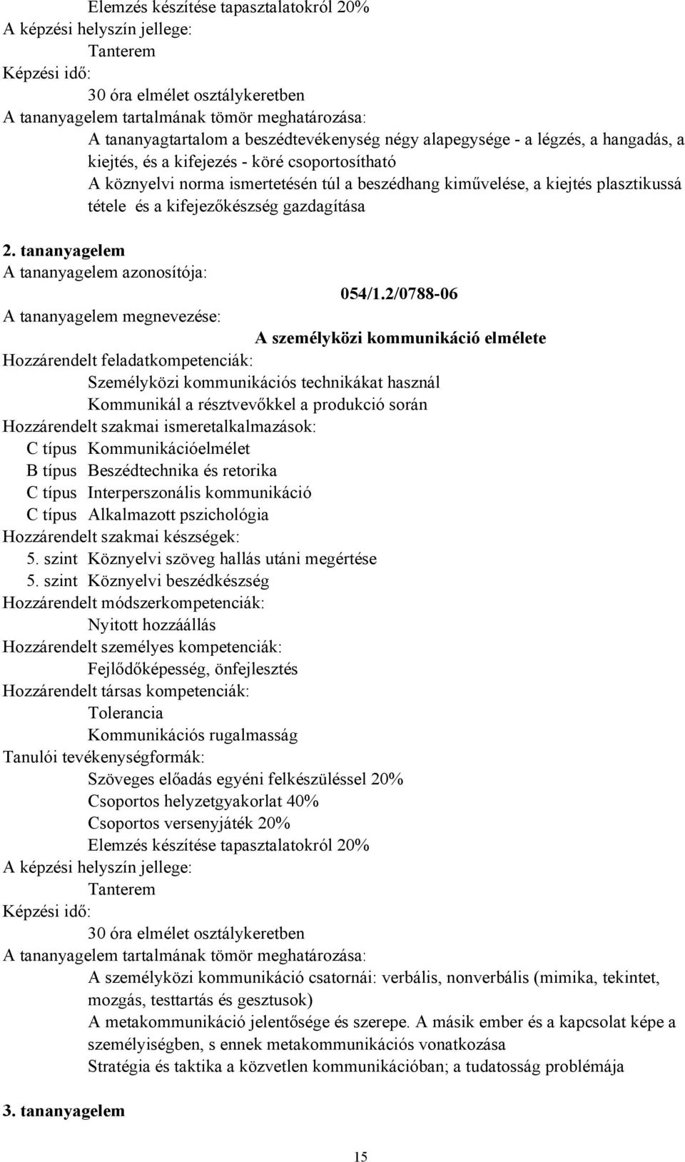 2/078806 A személyközi kommunikáció elmélete Személyközi kommunikációs technikákat használ Kommunikál a résztvevőkkel a produkció során C típus Kommunikációelmélet B típus Beszédtechnika és retorika