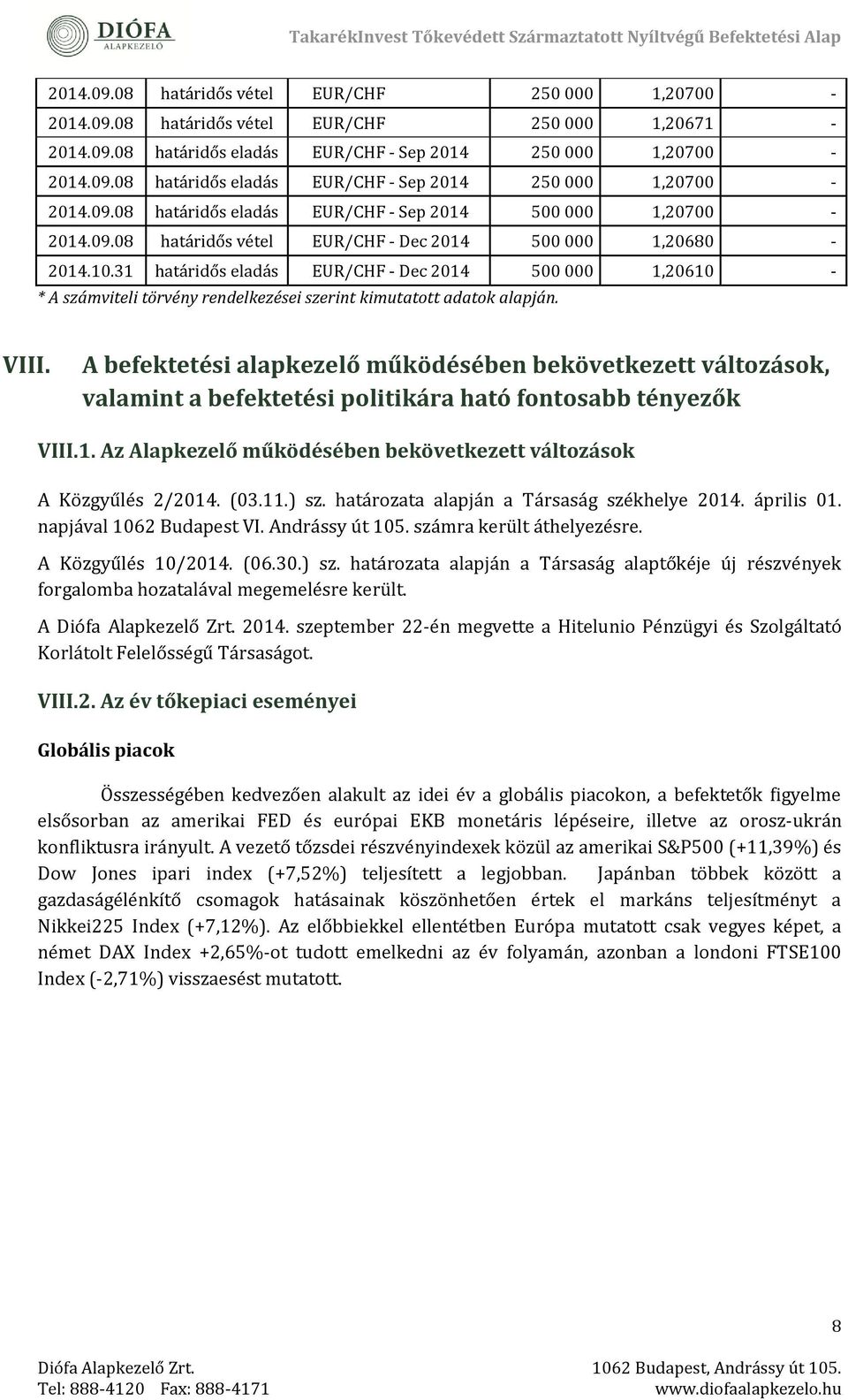 A befektetési alapkezelő működésében bekövetkezett változások, valamint a befektetési politikára ható fontosabb tényezők VIII.1. Az Alapkezelő működésében bekövetkezett változások A Közgyűlés 2/2014.