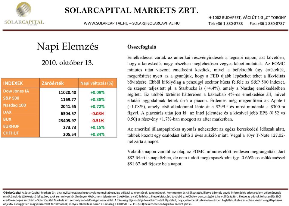 84% Összefoglaló Emelkedéssel zártak az amerikai részvényindexek a tegnapi napon, azt követően, hogy a kereskedés nagy részében meglehetősen vegyes képet mutattak.