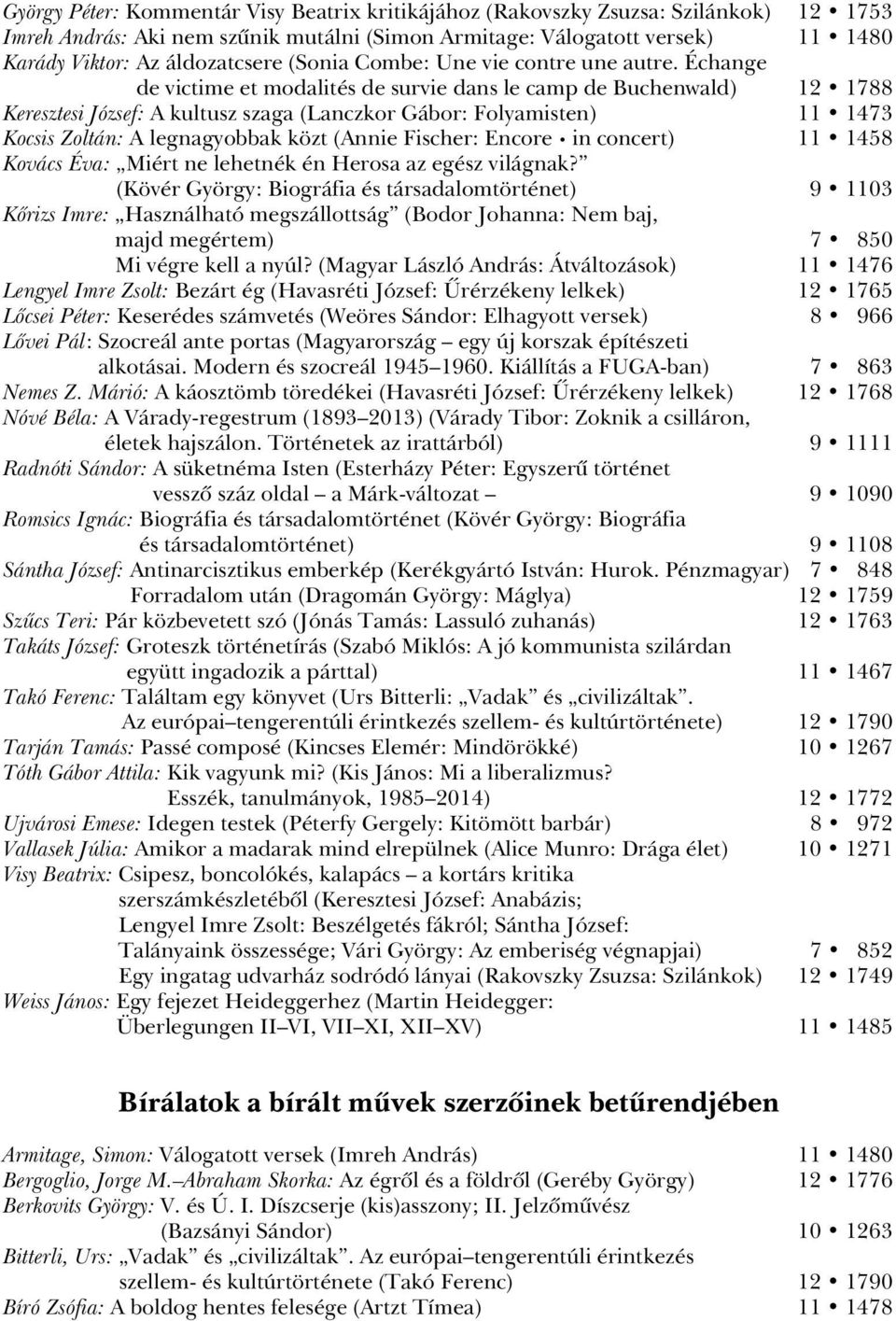 Échange de victime et modalités de survie dans le camp de Buchenwald) 12 1788 Keresztesi József: A kultusz szaga (Lanczkor Gábor: Folyamisten) 11 1473 Kocsis Zoltán: A legnagyobbak közt (Annie