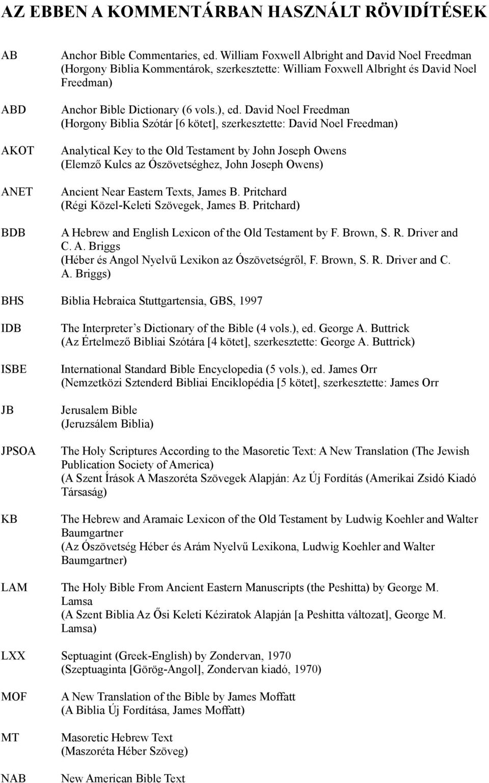 David Noel Freedman (Horgony Biblia Szótár [6 kötet], szerkesztette: David Noel Freedman) Analytical Key to the Old Testament by John Joseph Owens (Elemző Kulcs az Ószövetséghez, John Joseph Owens)