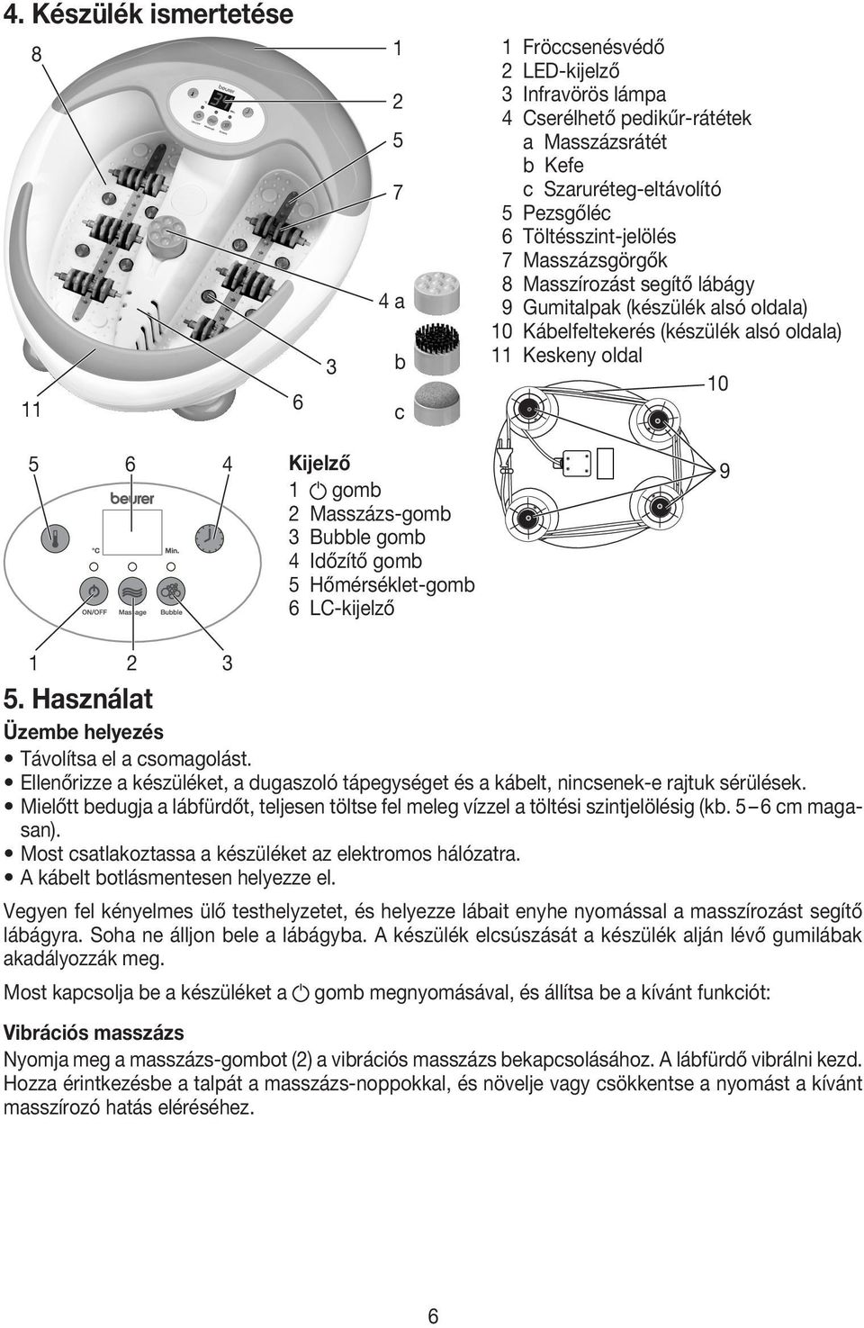 Masszázs-gomb 3 Bubble gomb 4 Időzítő gomb 5 Hőmérséklet-gomb 6 LC-kijelző 9 1 2 3 5. Használat Üzembe helyezés Távolítsa el a csomagolást.