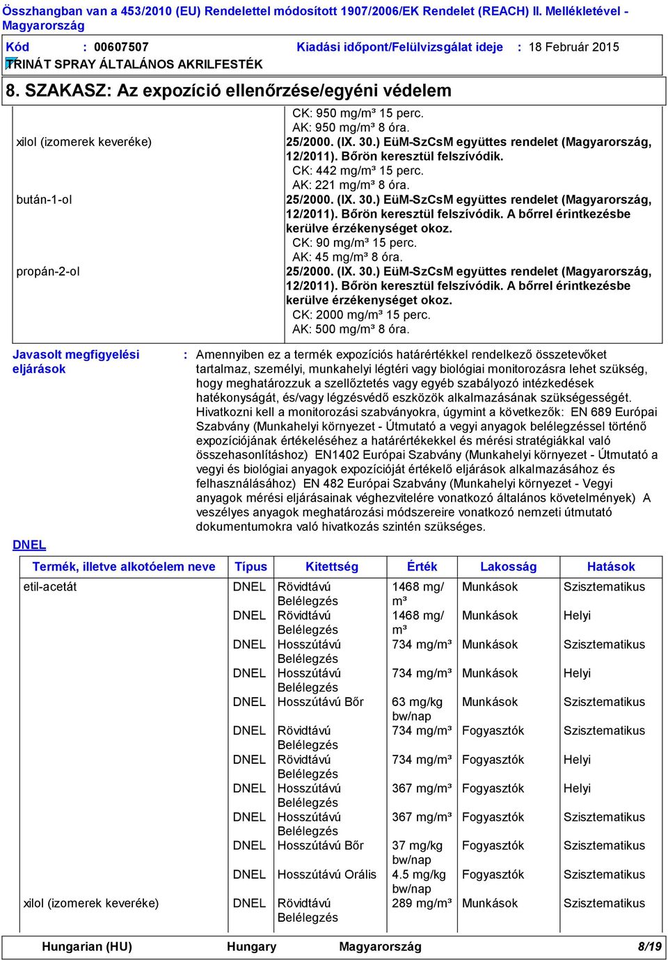 ) EüM-SzCsM együttes rendelet (, 12/2011). Bőrön keresztül felszívódik. CK 442 mg/m³ 15 perc. AK 221 mg/m³ 8 óra. 25/2000. (IX. 30.) EüM-SzCsM együttes rendelet (, 12/2011). Bőrön keresztül felszívódik. A bőrrel érintkezésbe kerülve érzékenységet okoz.