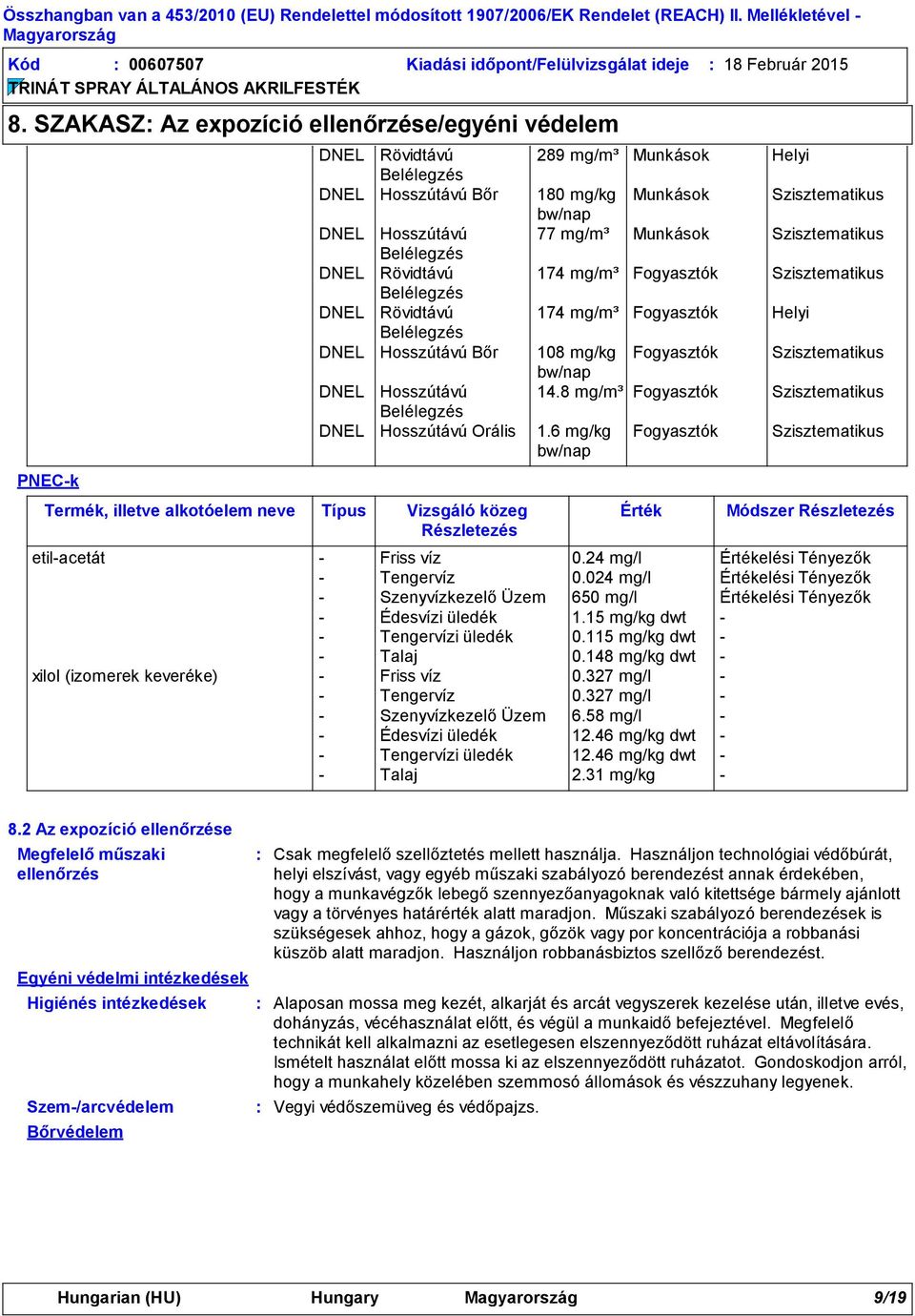 Hosszútávú 77 mg/m³ Munkások Szisztematikus DNEL Rövidtávú 174 mg/m³ Fogyasztók Szisztematikus DNEL Rövidtávú 174 mg/m³ Fogyasztók Helyi DNEL Hosszútávú Bőr 108 mg/kg Fogyasztók Szisztematikus bw/nap