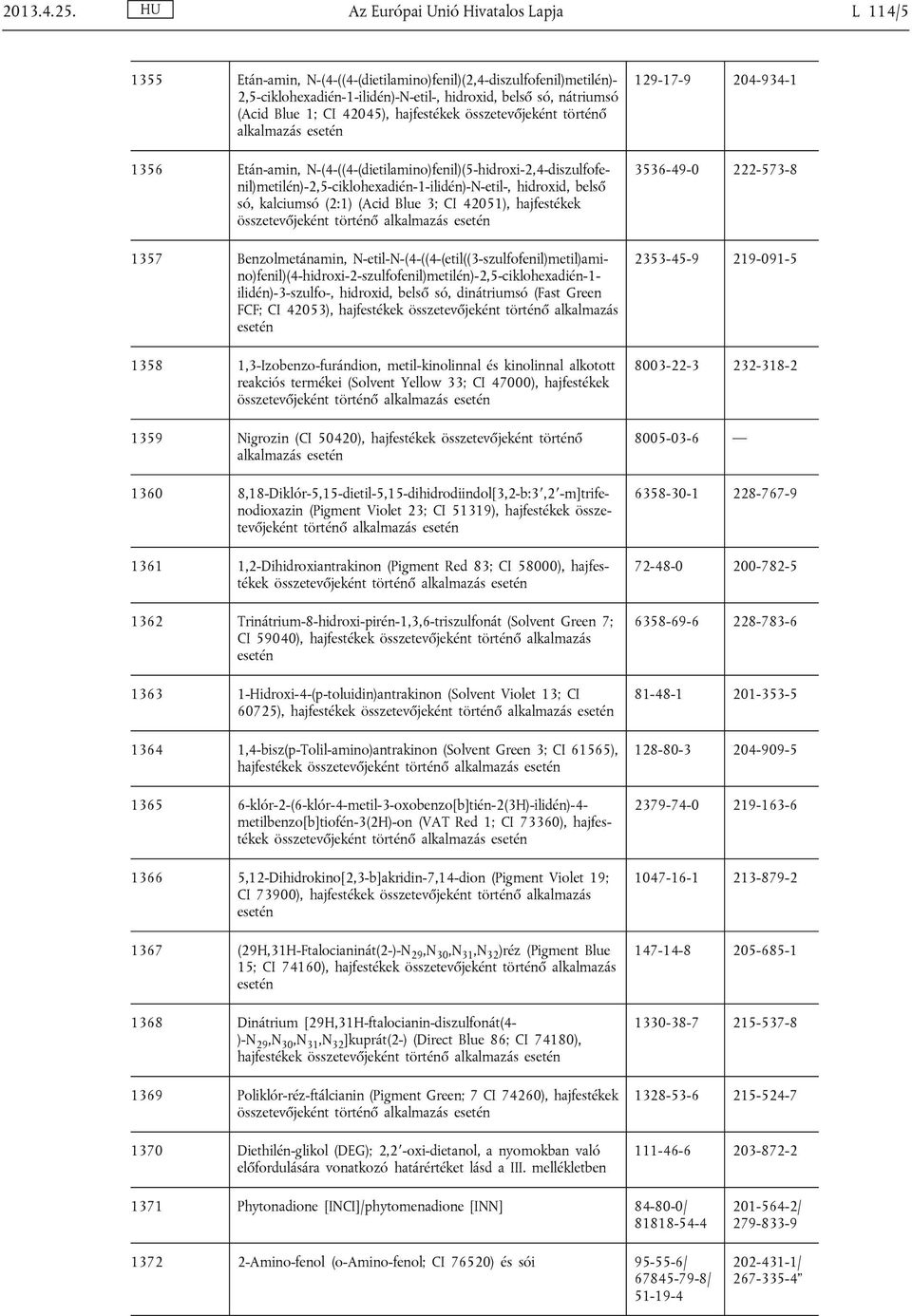 42045), történő alkalmazás esetén 1356 Etán-amin, N-(4-((4-(dietilamino)fenil)(5-hidroxi-2,4-diszulfofenil)metilén)-2,5-ciklohexadién-1-ilidén)-N-etil-, hidroxid, belső só, kalciumsó (2:1) (Acid Blue