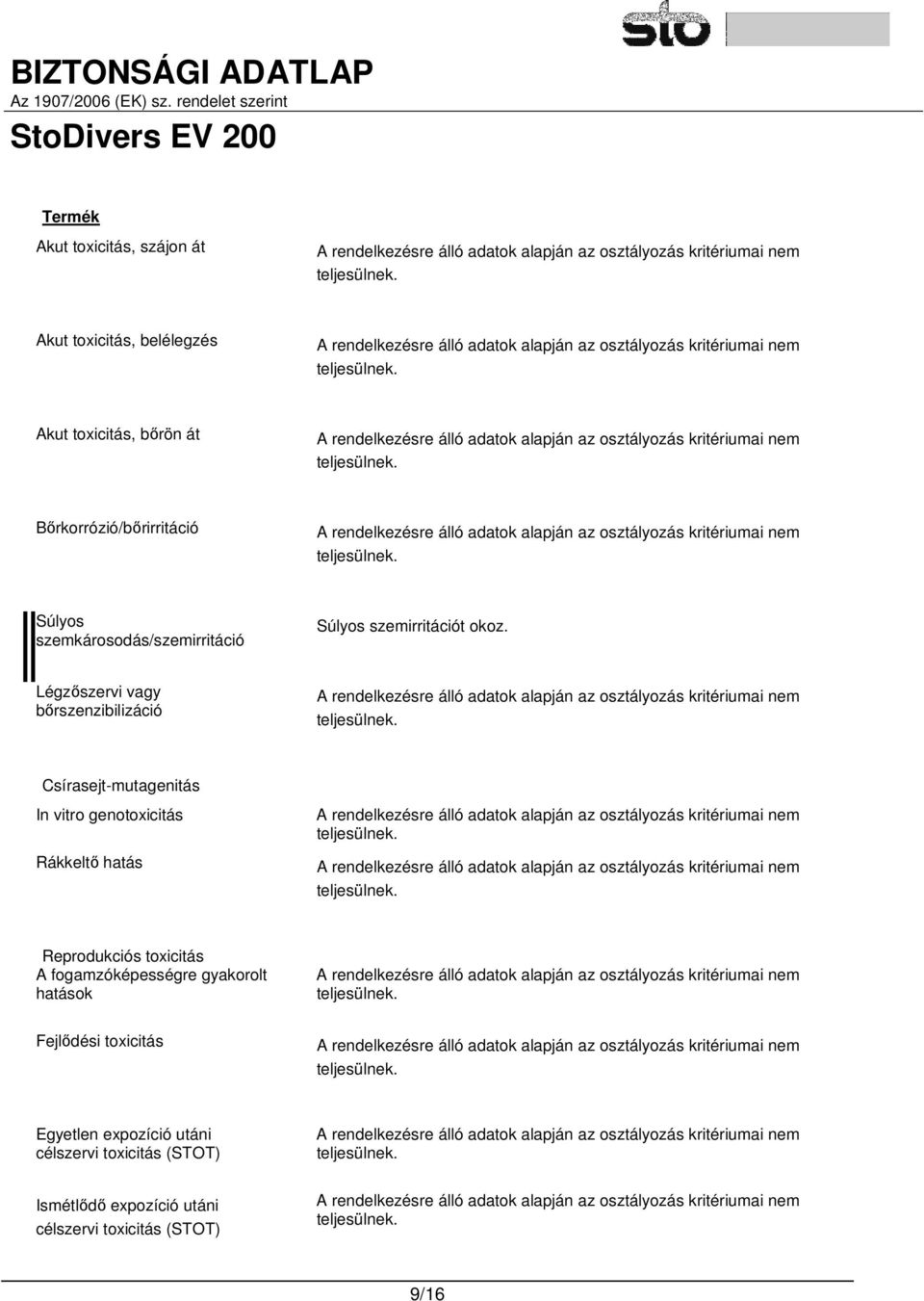 Légzőszervi vagy bőrszenzibilizáció Csírasejt-mutagenitás In vitro genotoxicitás Rákkeltő hatás Reprodukciós