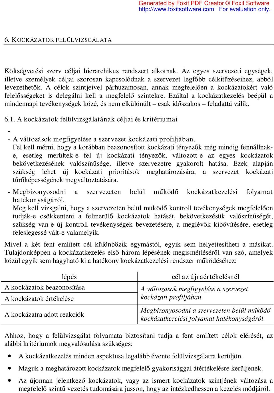 A célok szintjeivel párhuzamosan, annak megfelelően a kockázatokért való felelősségeket is delegálni kell a megfelelő szintekre.