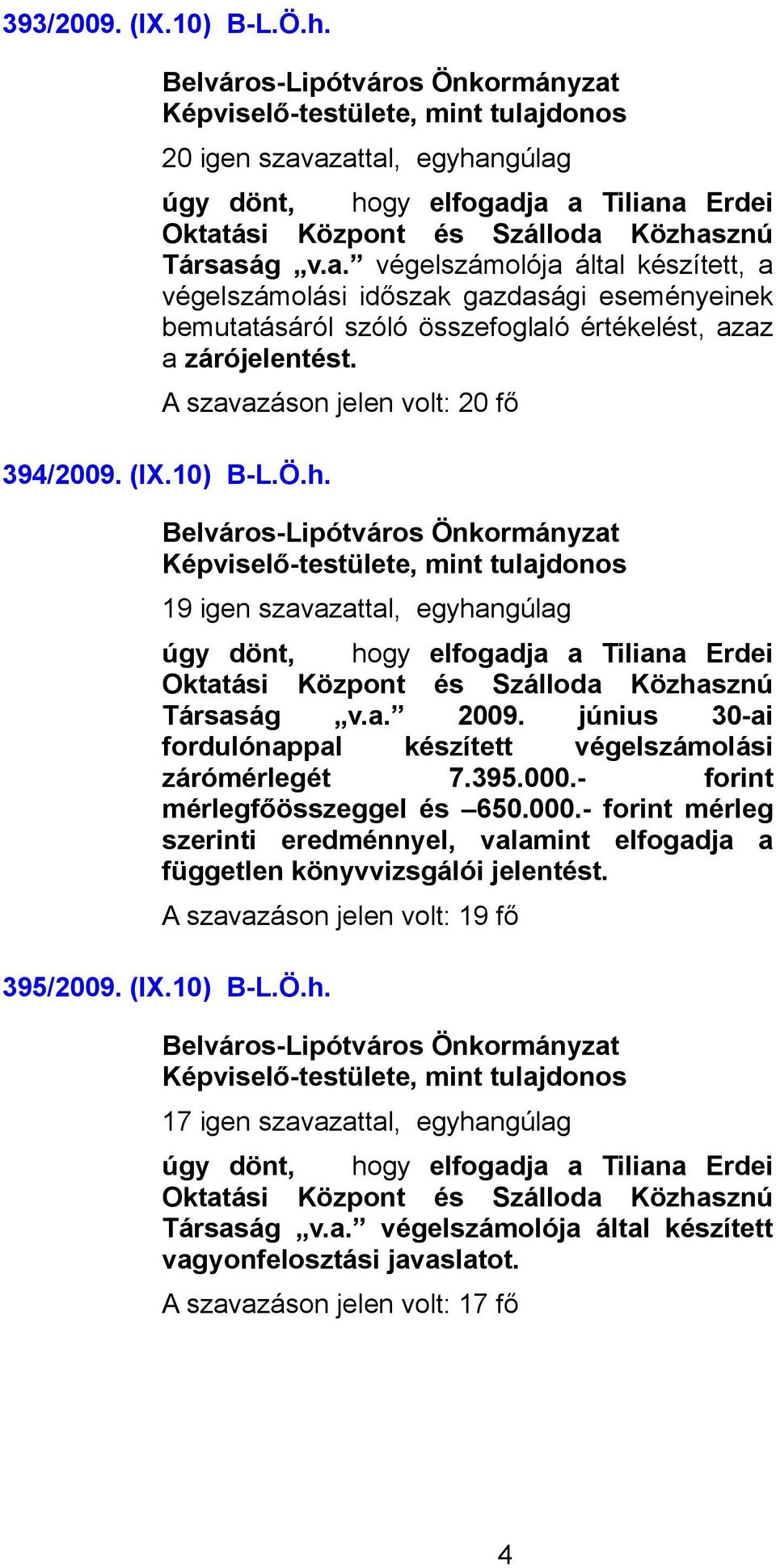 június 30-ai fordulónappal készített végelszámolási zárómérlegét 7.395.000.- forint mérlegfőösszeggel és 650.000.- forint mérleg szerinti eredménnyel, valamint elfogadja a független könyvvizsgálói jelentést.